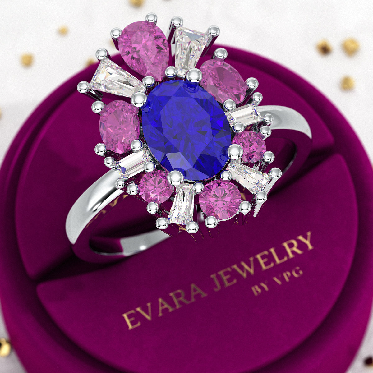 Tanzanite Tourmaline & Diamond Victorian Era Engagement Ring - Evara Jewelry LLC