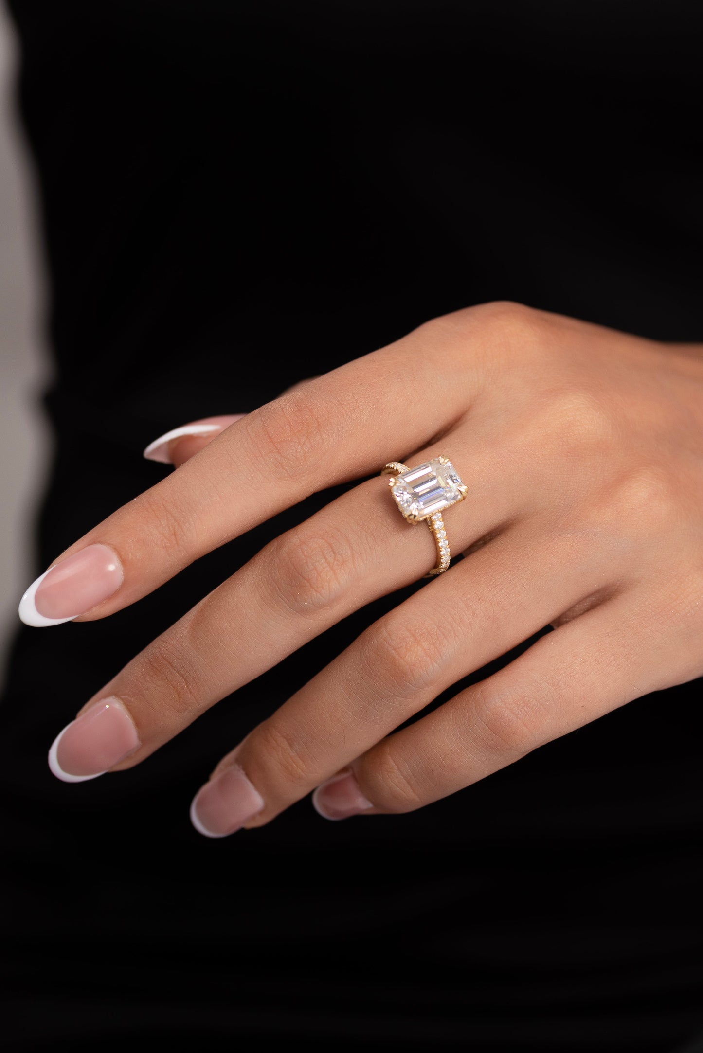 5 Carat Emerald Cut Diamond French Pave Band Engagement Ring