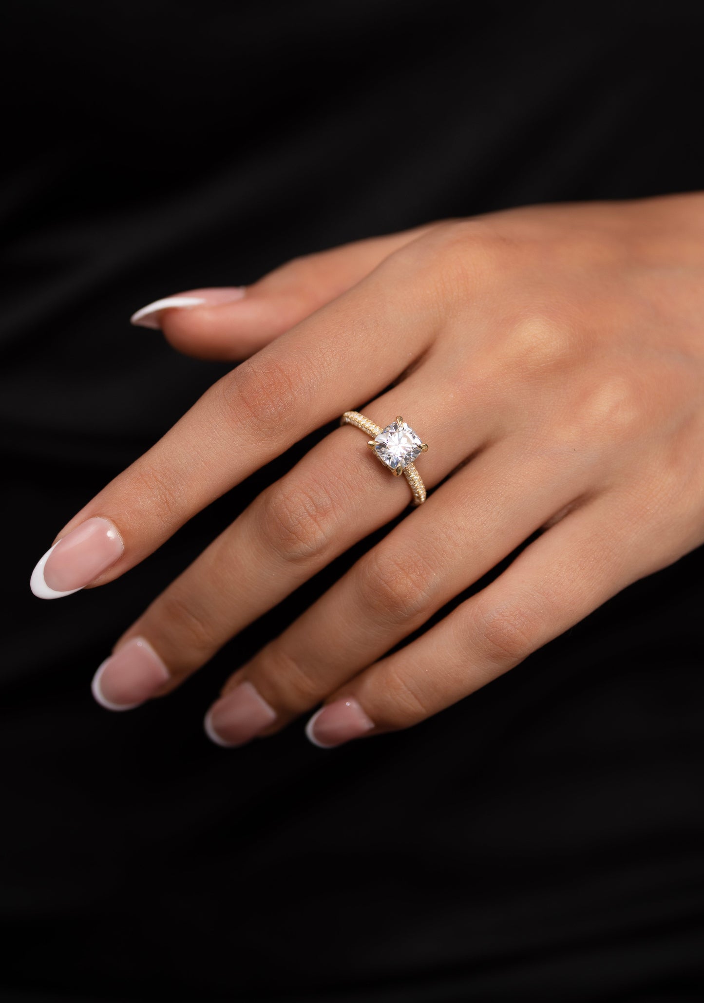 2 Carat Cushion Cut Diamond Engagement Ring with French Pave Band