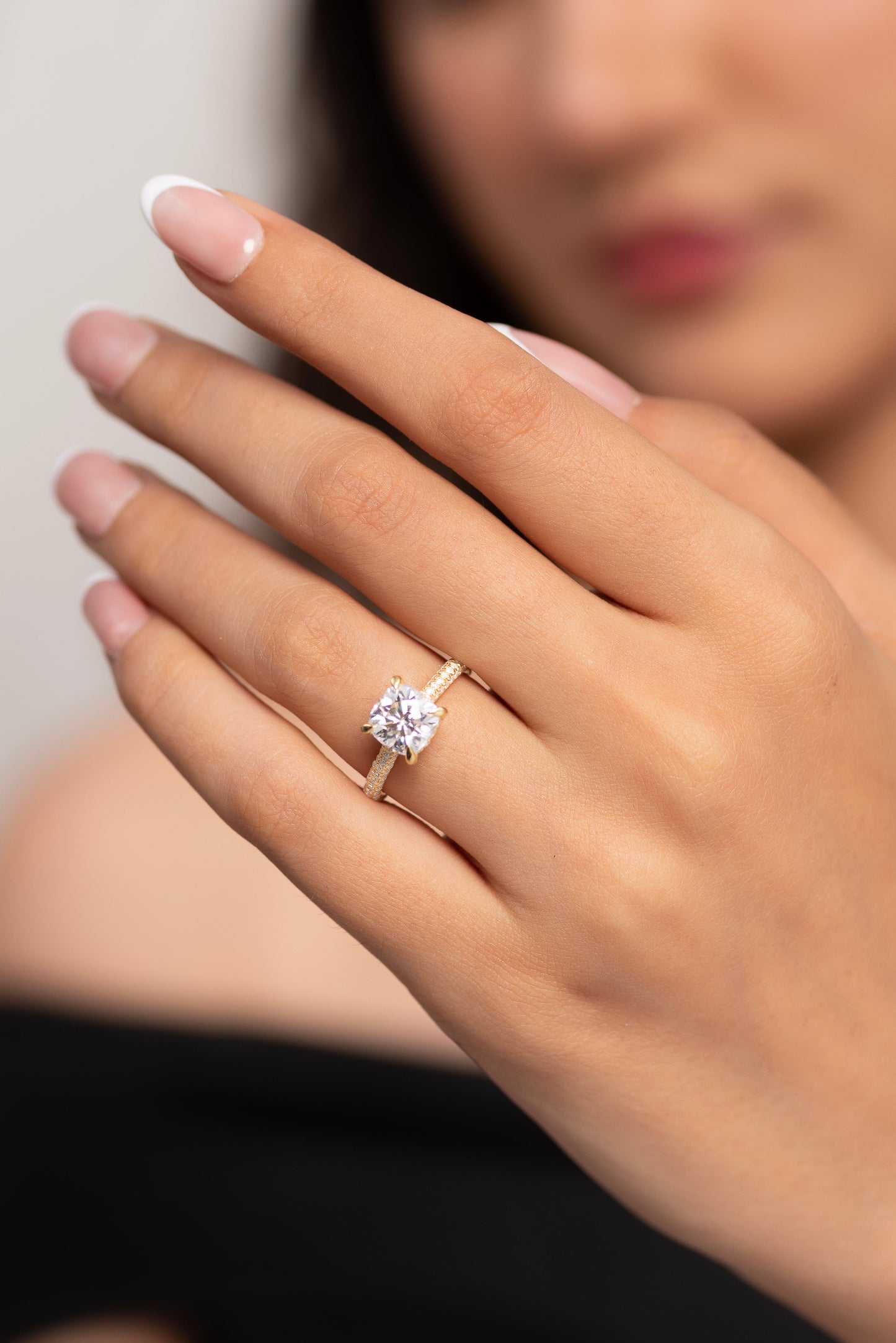 2 Carat Cushion Cut Diamond Engagement Ring with French Pave Band