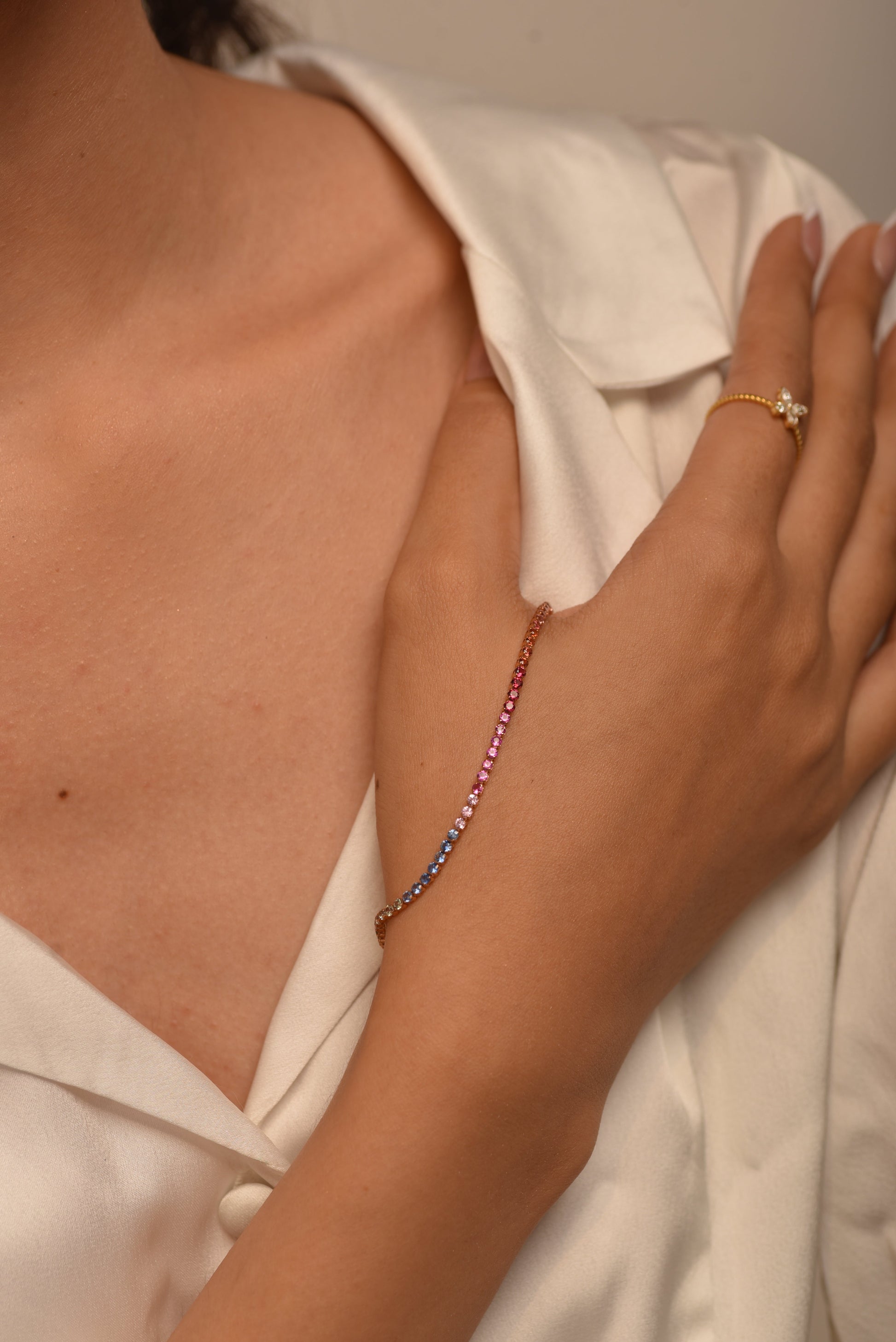 3.18 Carats Natural Rainbow Sapphire Tennis Bracelet in 14K/18K White Gold - Evara Jewelry LLC