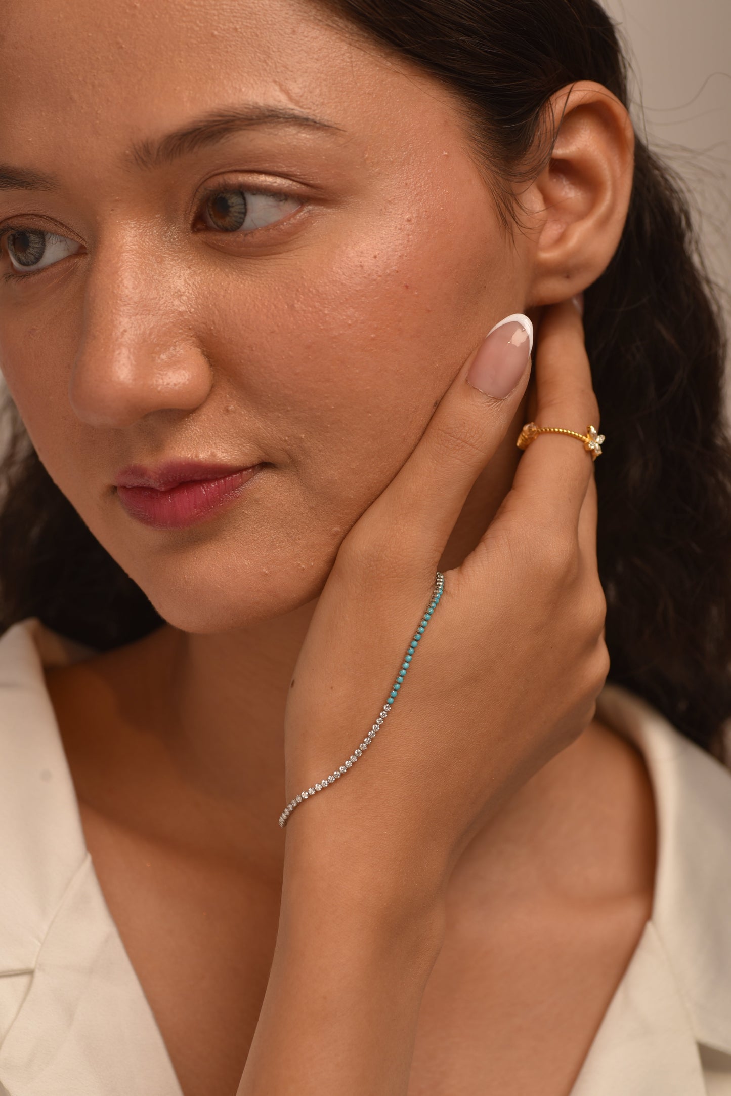 Turquoise & Diamond 50-50 Tennis Bracelet in 14K/18K White Gold - Evara Jewelry LLC