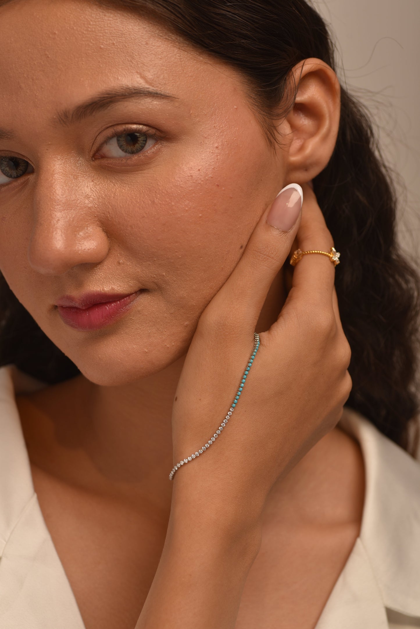 Turquoise & Diamond 50-50 Tennis Bracelet in 14K/18K White Gold - Evara Jewelry LLC