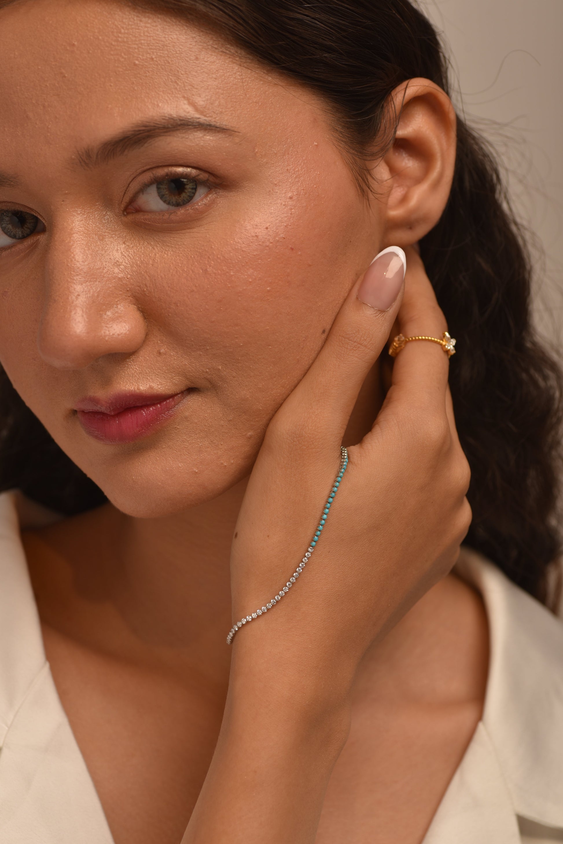 Turquoise & Diamond 50-50 Tennis Bracelet in 14K/18K White Gold - Evara Jewelry LLC