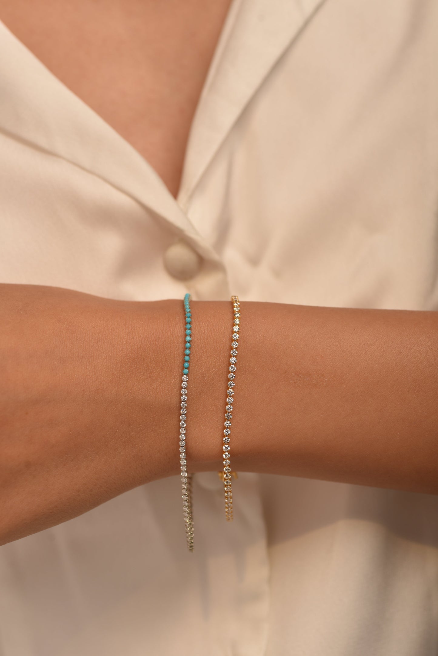 Turquoise & Diamond 50-50 Tennis Bracelet in 14K/18K White Gold - Evara Jewelry LLC