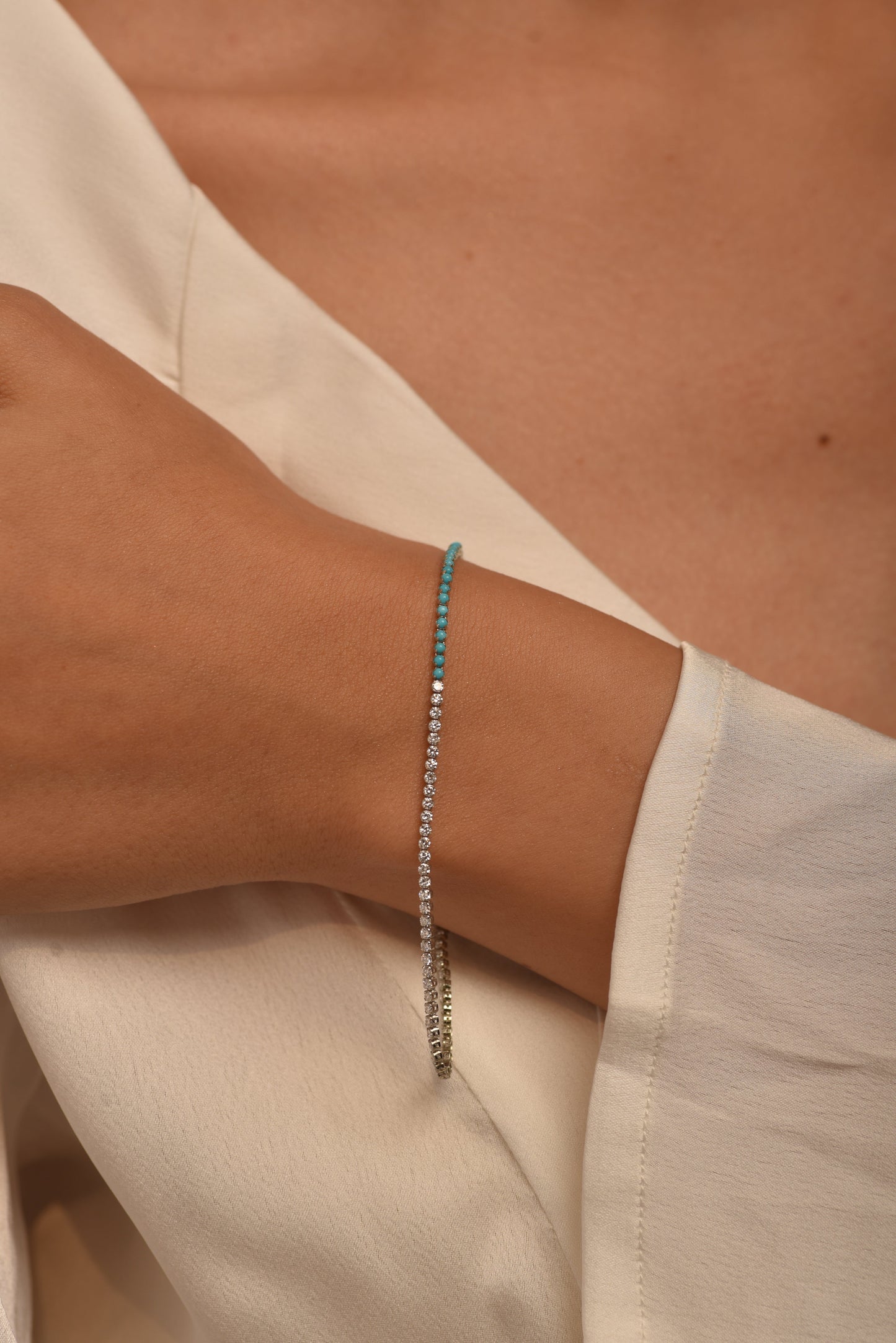 Turquoise & Diamond 50-50 Tennis Bracelet in 14K/18K White Gold - Evara Jewelry LLC