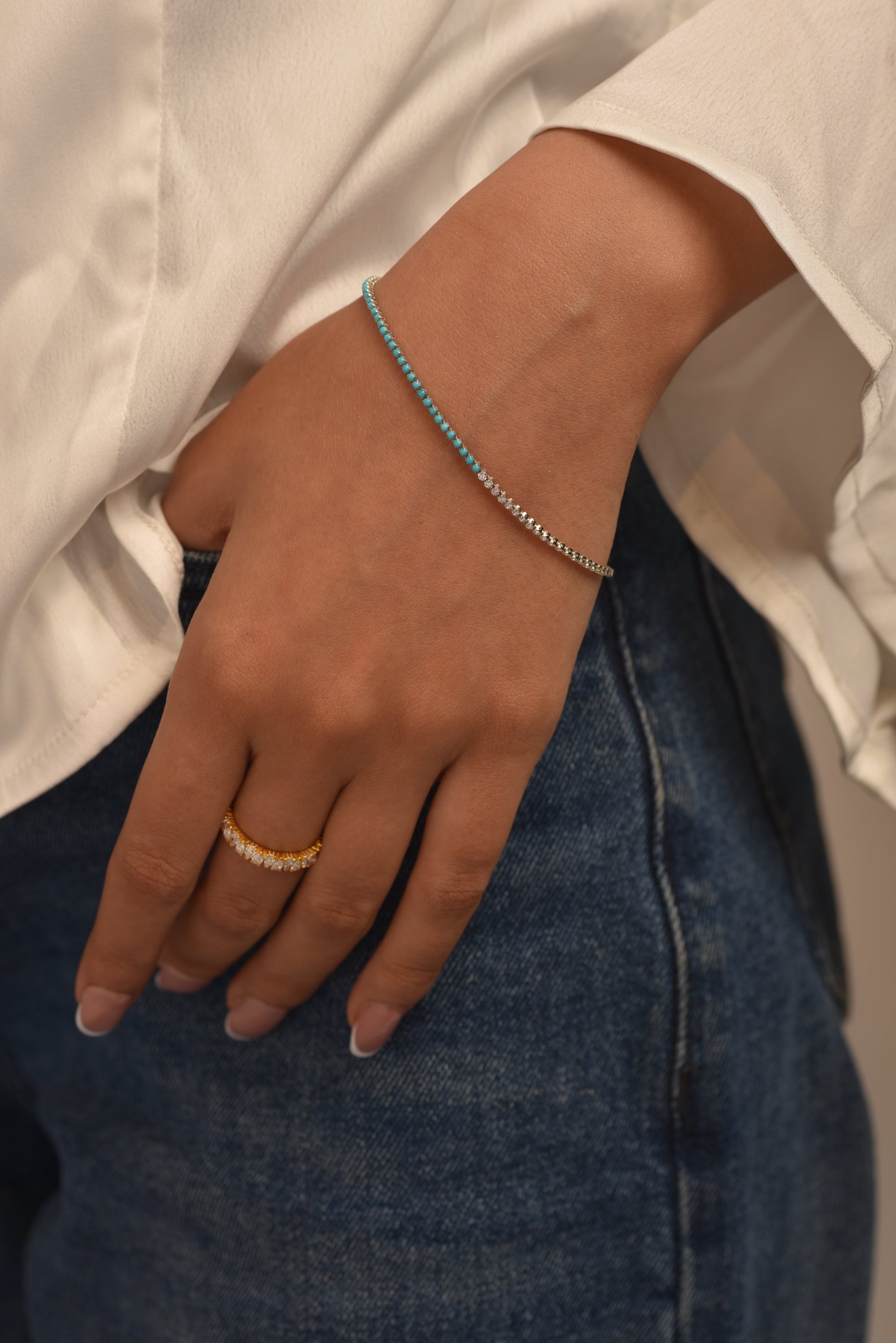 Turquoise & Diamond 50-50 Tennis Bracelet in 14K/18K White Gold - Evara Jewelry LLC