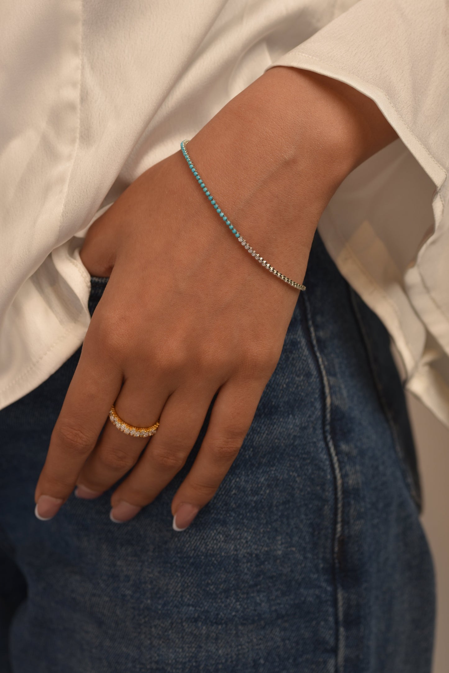 Turquoise & Diamond 50-50 Tennis Bracelet in 14K/18K White Gold - Evara Jewelry LLC