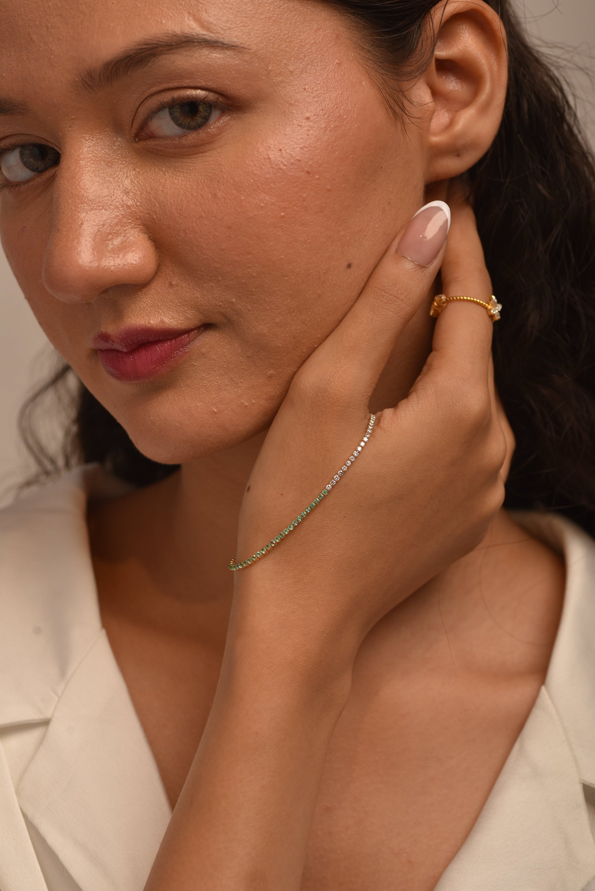 Natural Emerald & Lab Grown Diamond 50-50 Custom Tennis Bracelet in 14K/18K Gold - Evara Jewelry LLC