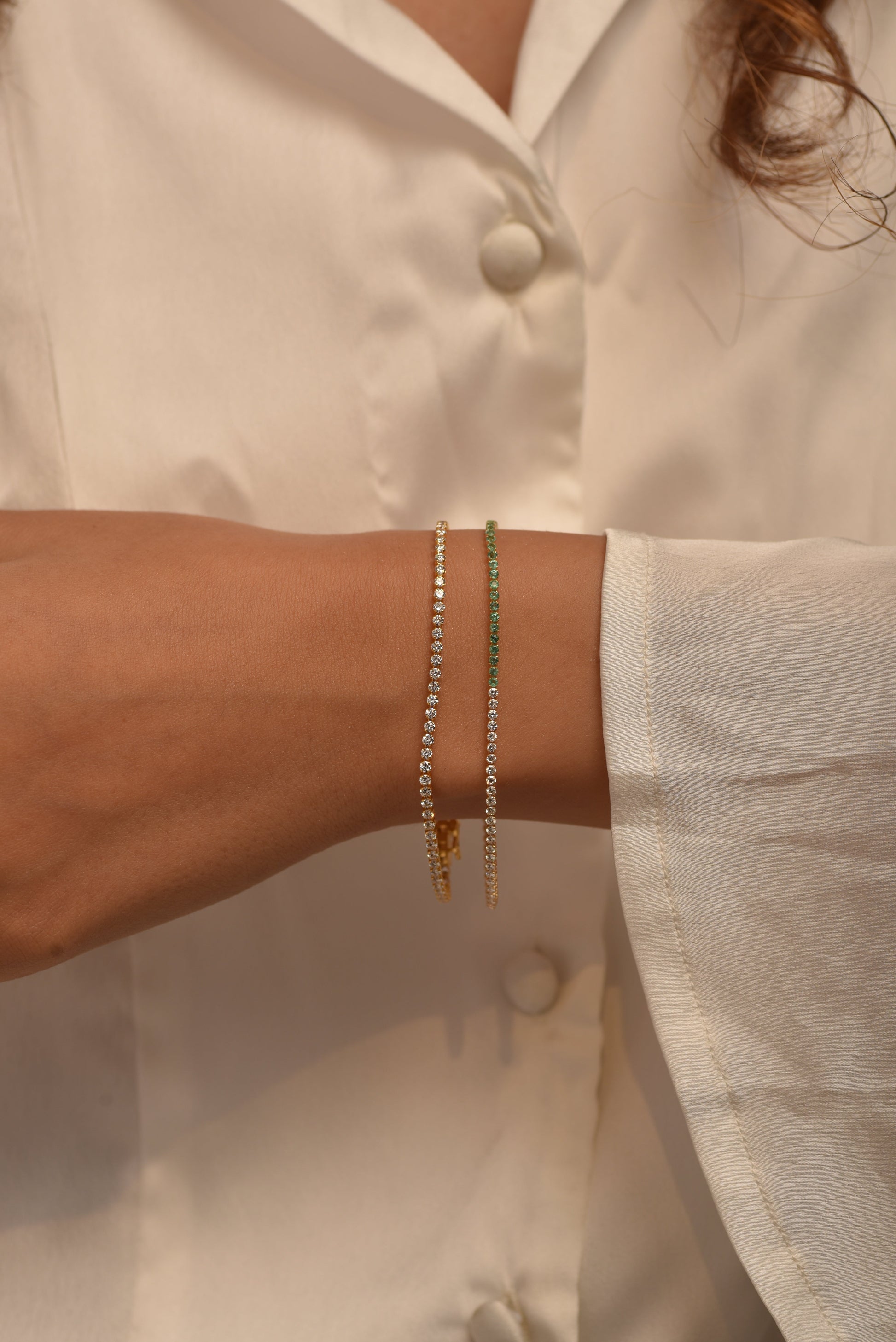 Natural Emerald & Lab Grown Diamond 50-50 Custom Tennis Bracelet in 14K/18K Gold - Evara Jewelry LLC