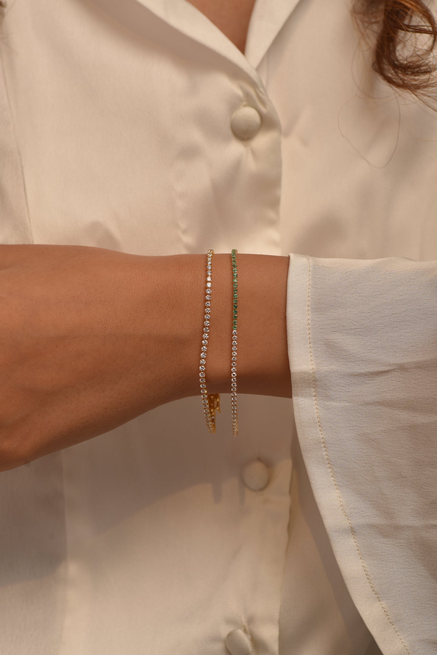 Natural Emerald & Lab Grown Diamond 50-50 Custom Tennis Bracelet in 14K/18K Gold - Evara Jewelry LLC