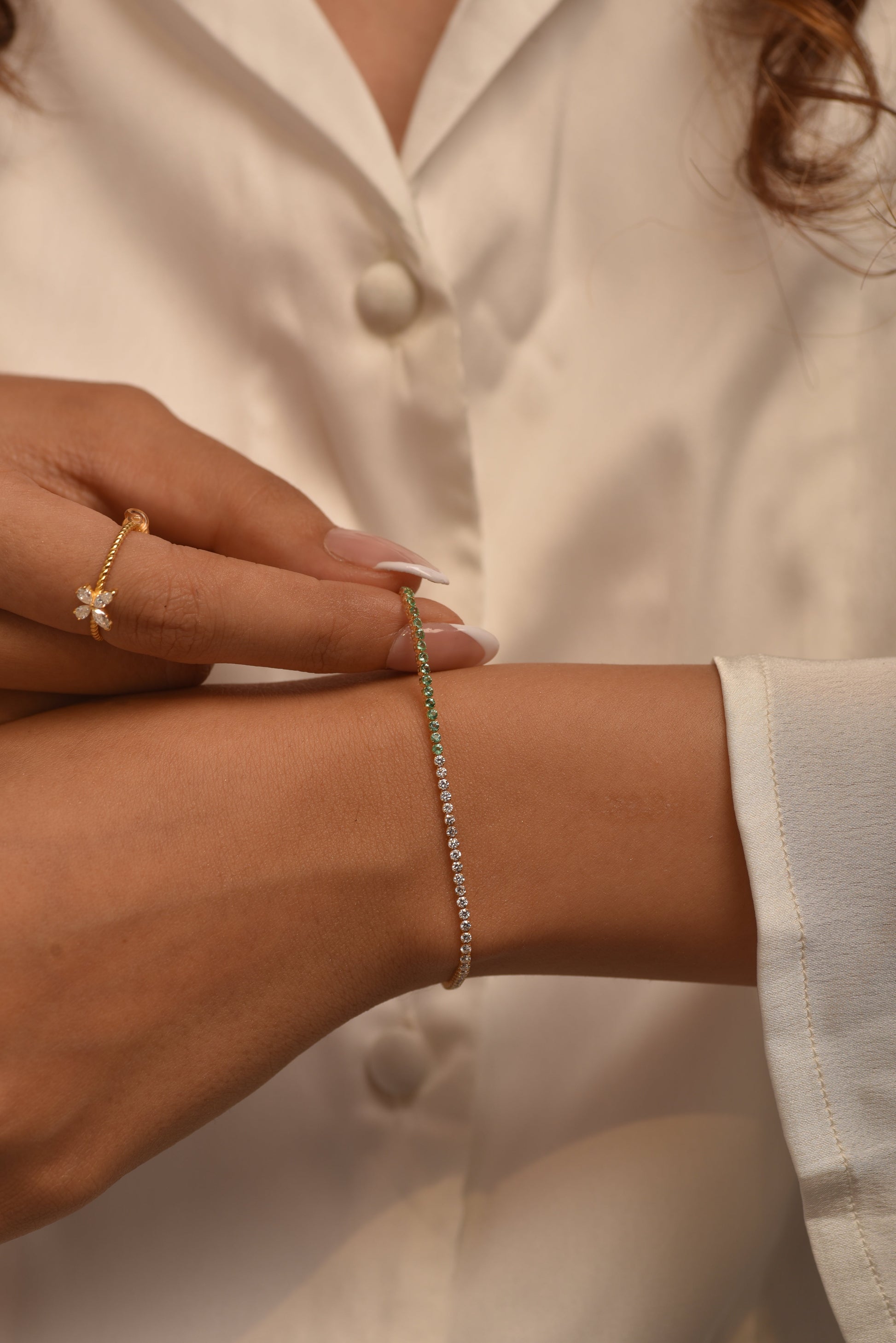 Natural Emerald & Lab Grown Diamond 50-50 Custom Tennis Bracelet in 14K/18K Gold - Evara Jewelry LLC