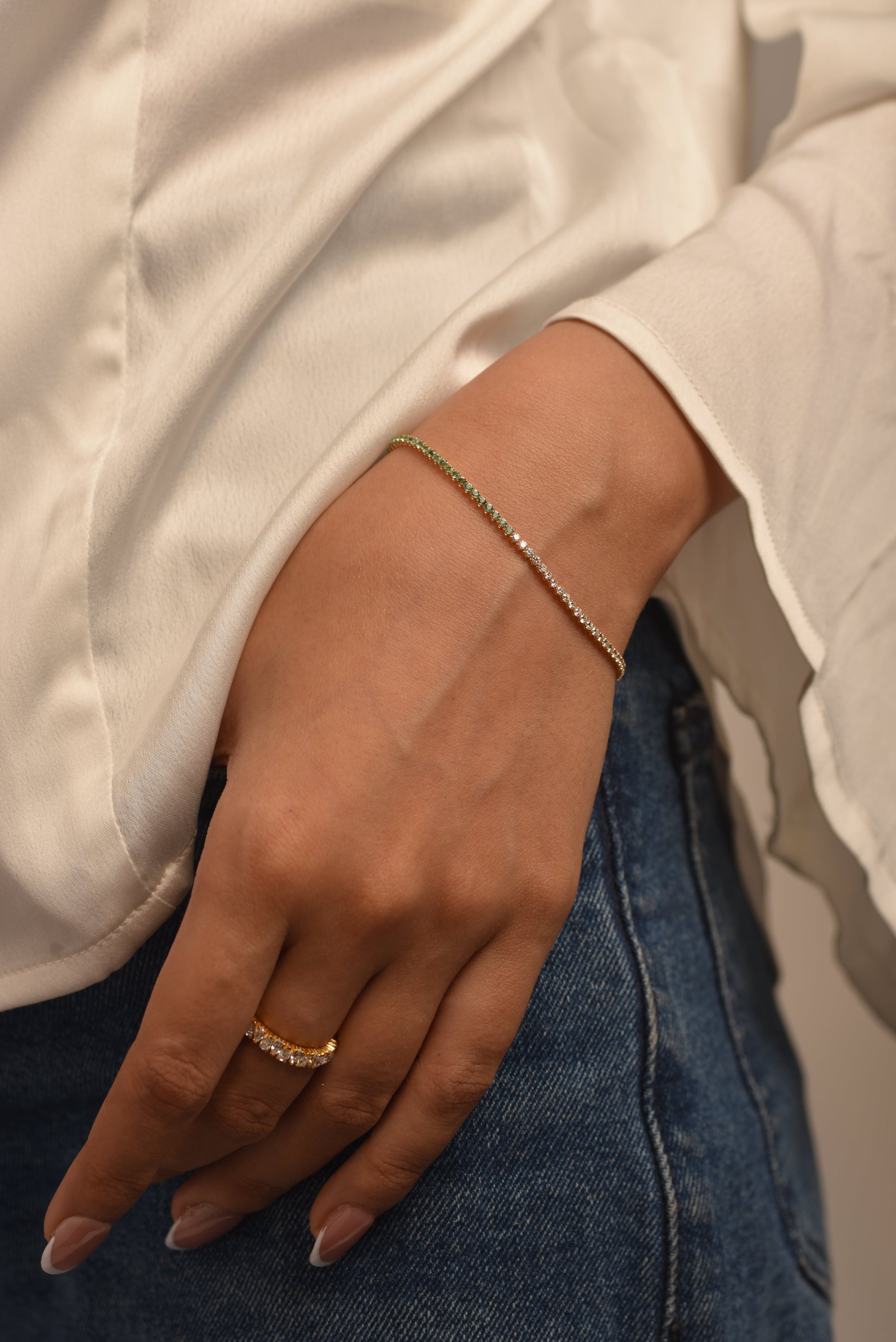 Natural Emerald & Lab Grown Diamond 50-50 Custom Tennis Bracelet in 14K/18K Gold - Evara Jewelry LLC