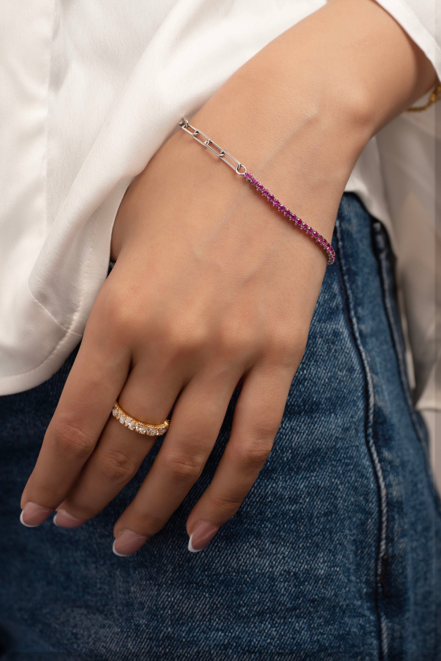 2 Carats Natural Pink Sapphire & Paperclip 50-50 Bracelet - Limited Edition