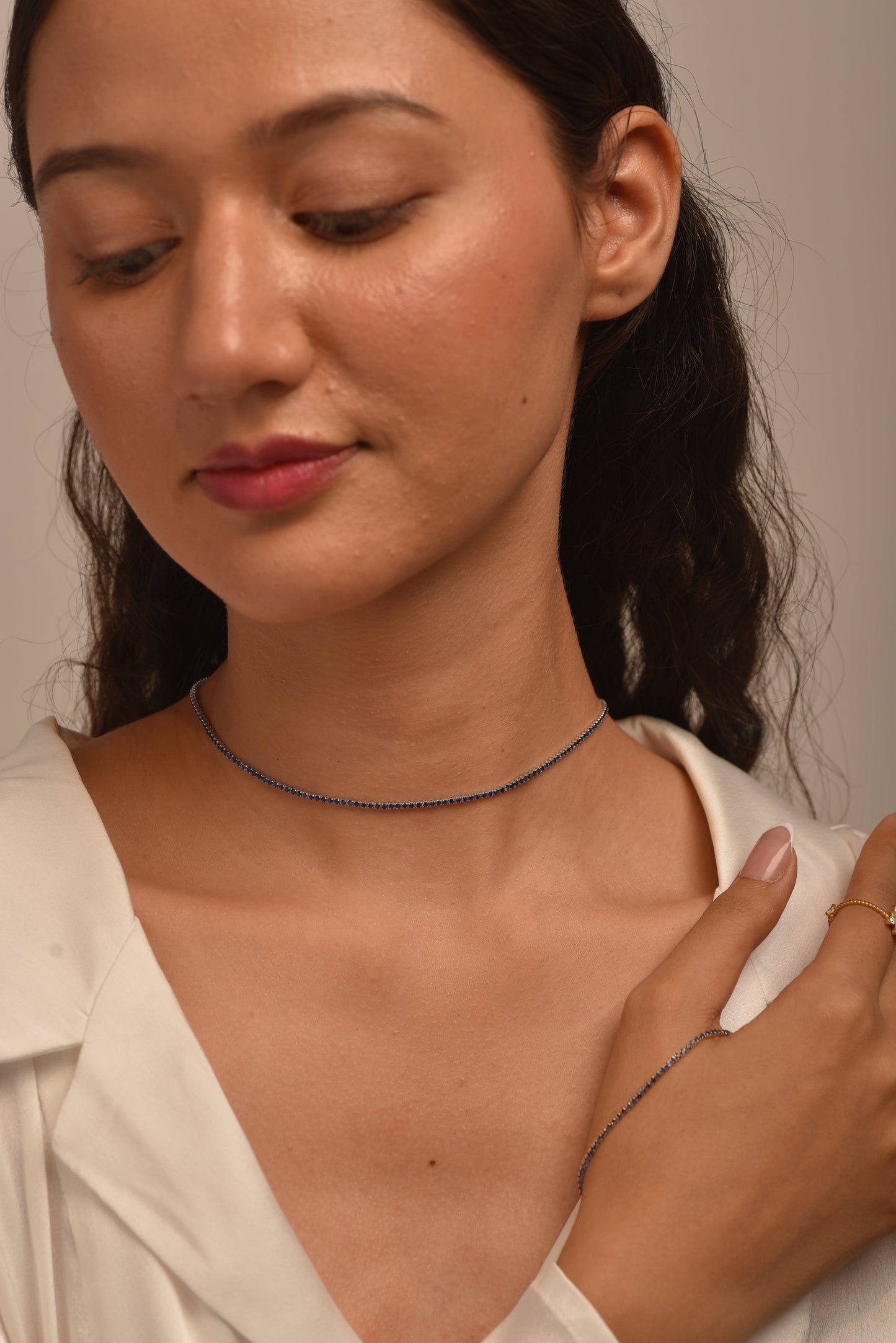 Natural Blue Sapphire Tennis Necklace in 14K/18K White Gold