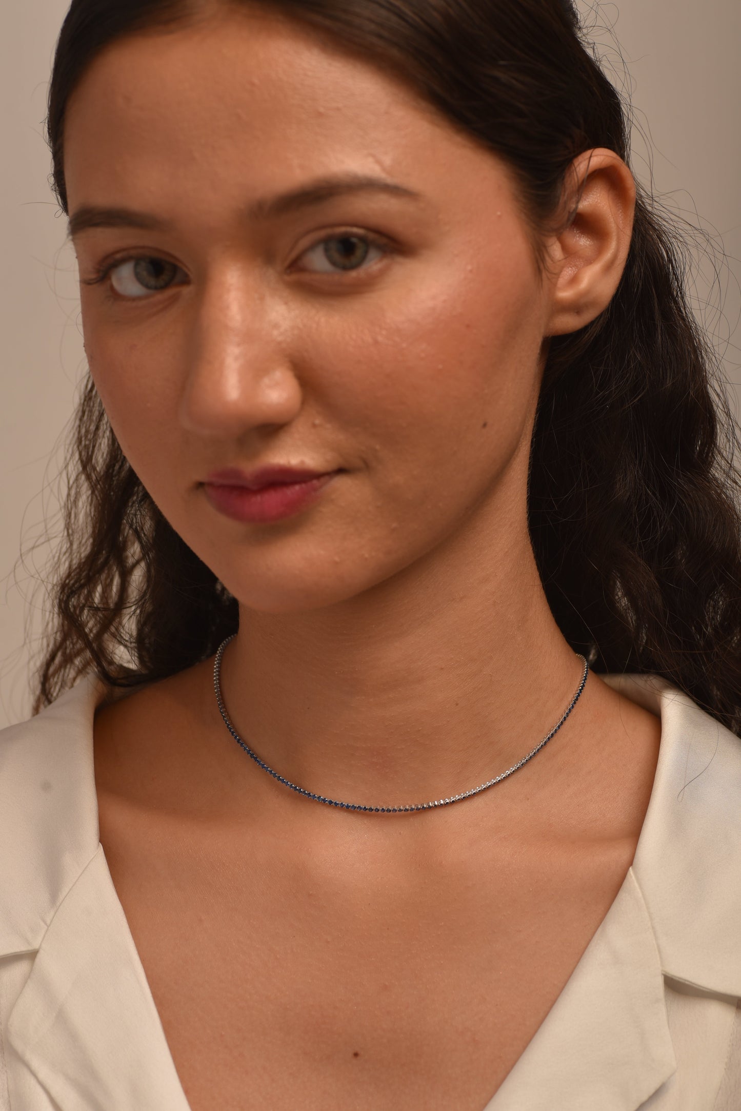 Natural Blue Sapphire Tennis Necklace in 14K/18K White Gold