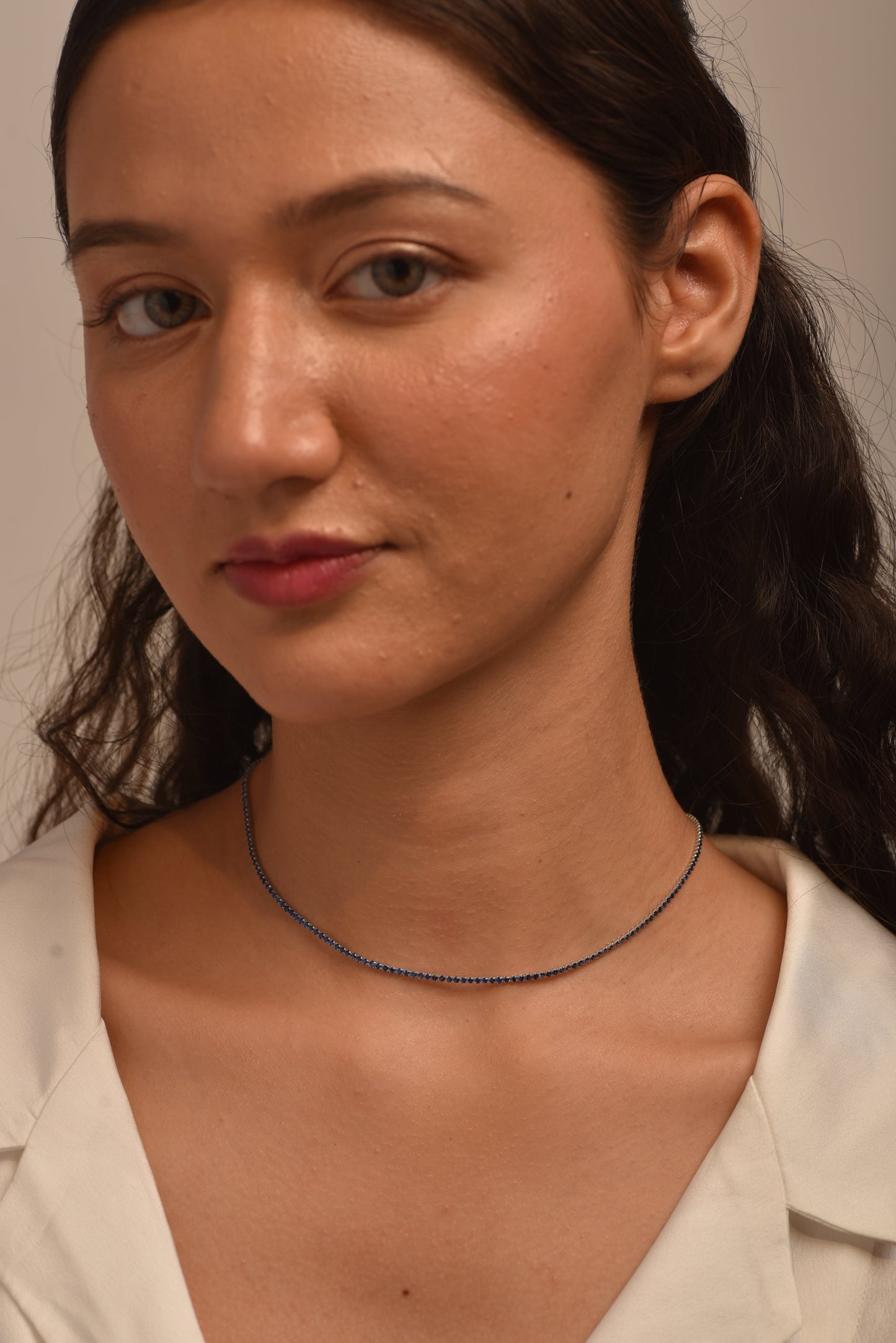 Natural Blue Sapphire Tennis Necklace in 14K/18K White Gold