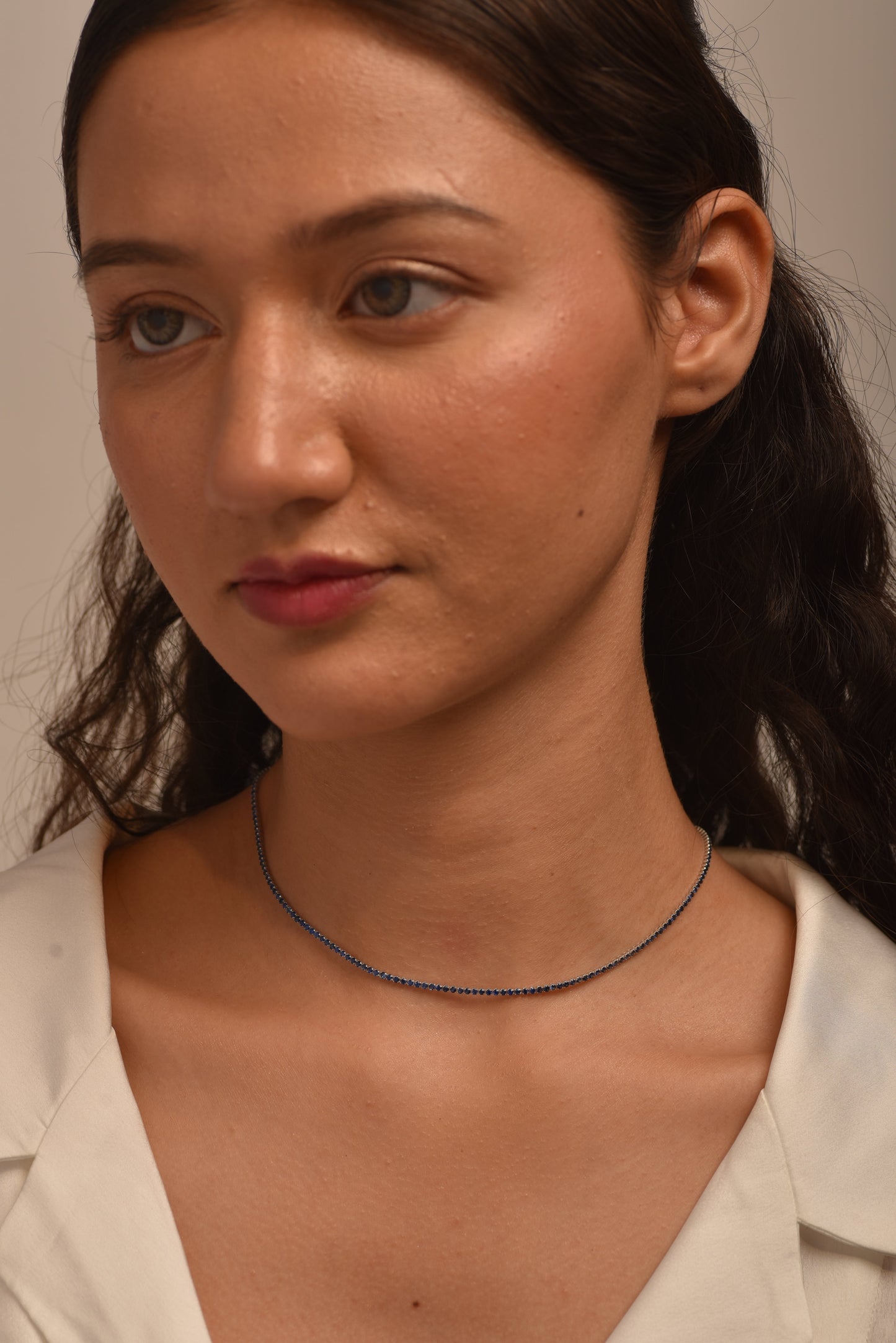 Natural Blue Sapphire Tennis Necklace in 14K/18K White Gold