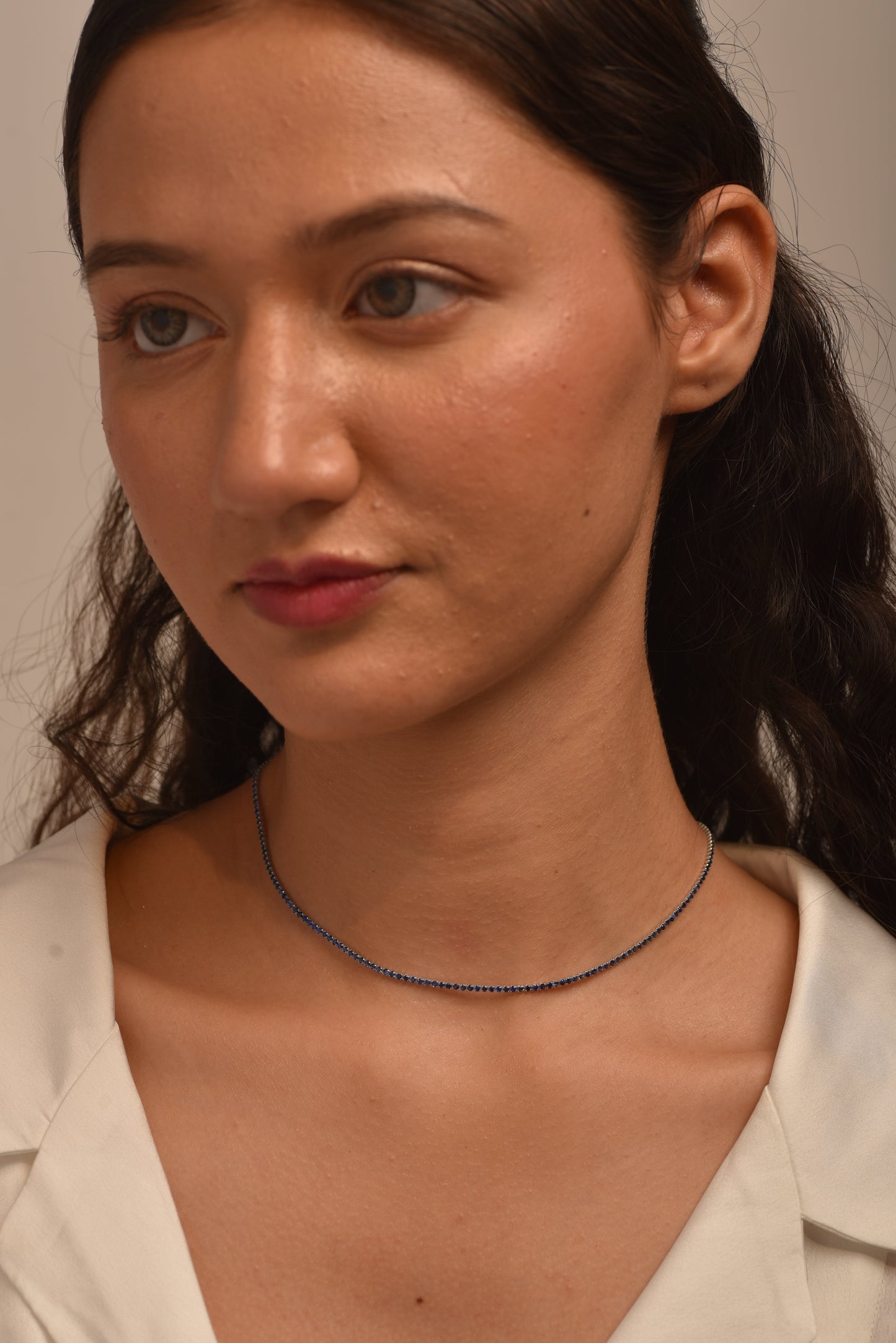 Natural Blue Sapphire Tennis Necklace in 14K/18K White Gold