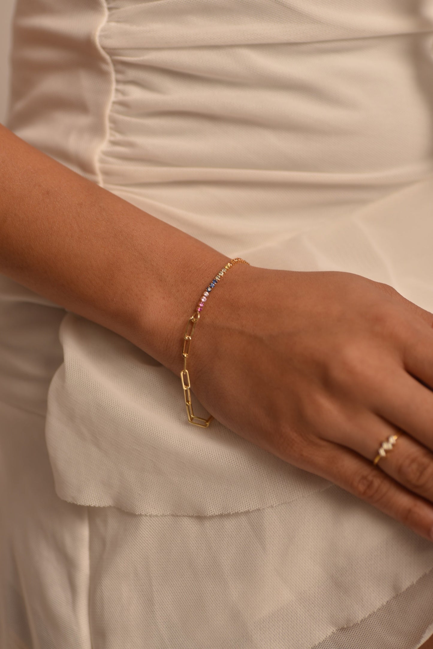 1.36 Carat Natural Rainbow Sapphire Paperclip 50-50 Tennis Bracelet