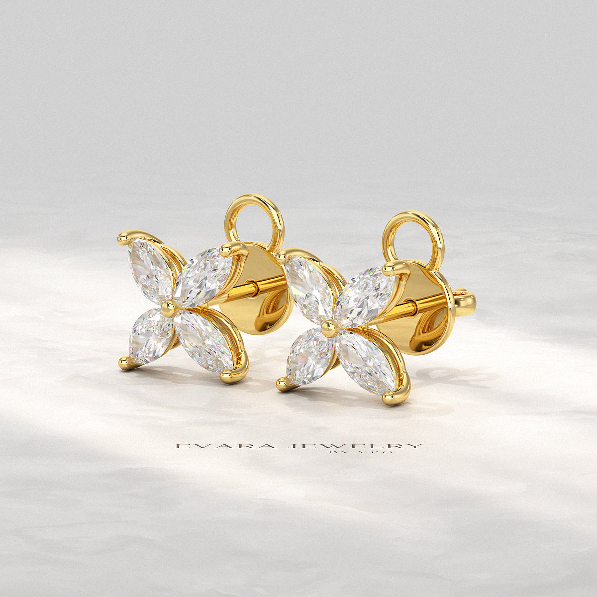 "Detailed image of floral earrings with petal-like marquise diamonds"