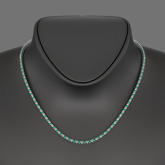 Natural Emerald & Diamond Alternate Tennis Necklace in 14K/18K Gold
