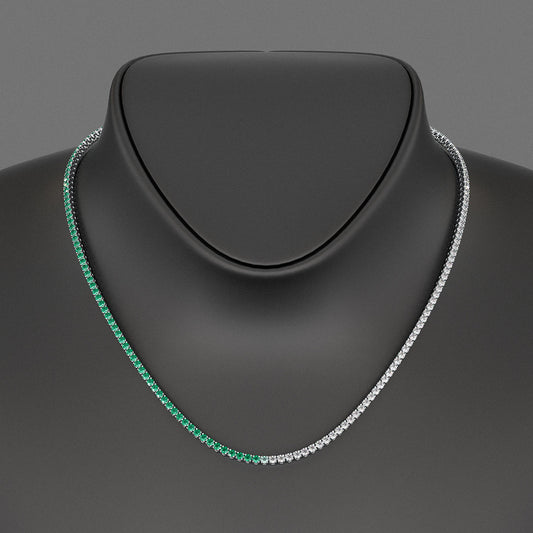 Natural Emerald & Diamond 50-50 Tennis Necklace in 14K/18K White Gold