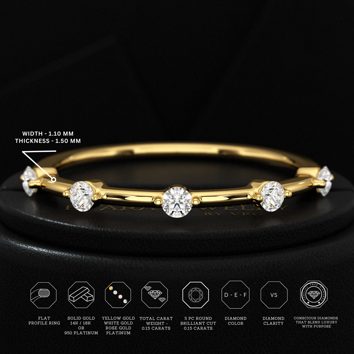 Round Cut Thin Wedding Stacking Band with Lab Grown Diamond - Evara Jewelry LLC
