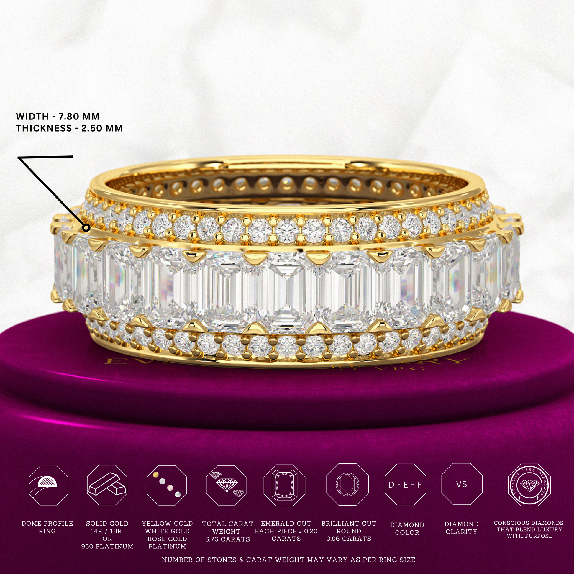 5 Carat Emerald & Round Cut Lab Grown Diamond Minimalist Wedding Eternity Band - Evara Jewelry LLC