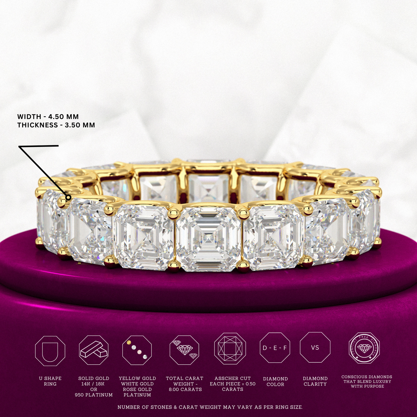 8 Carat Asscher Cut Diamond U Shape Wedding Band - Evara Jewelry LLC