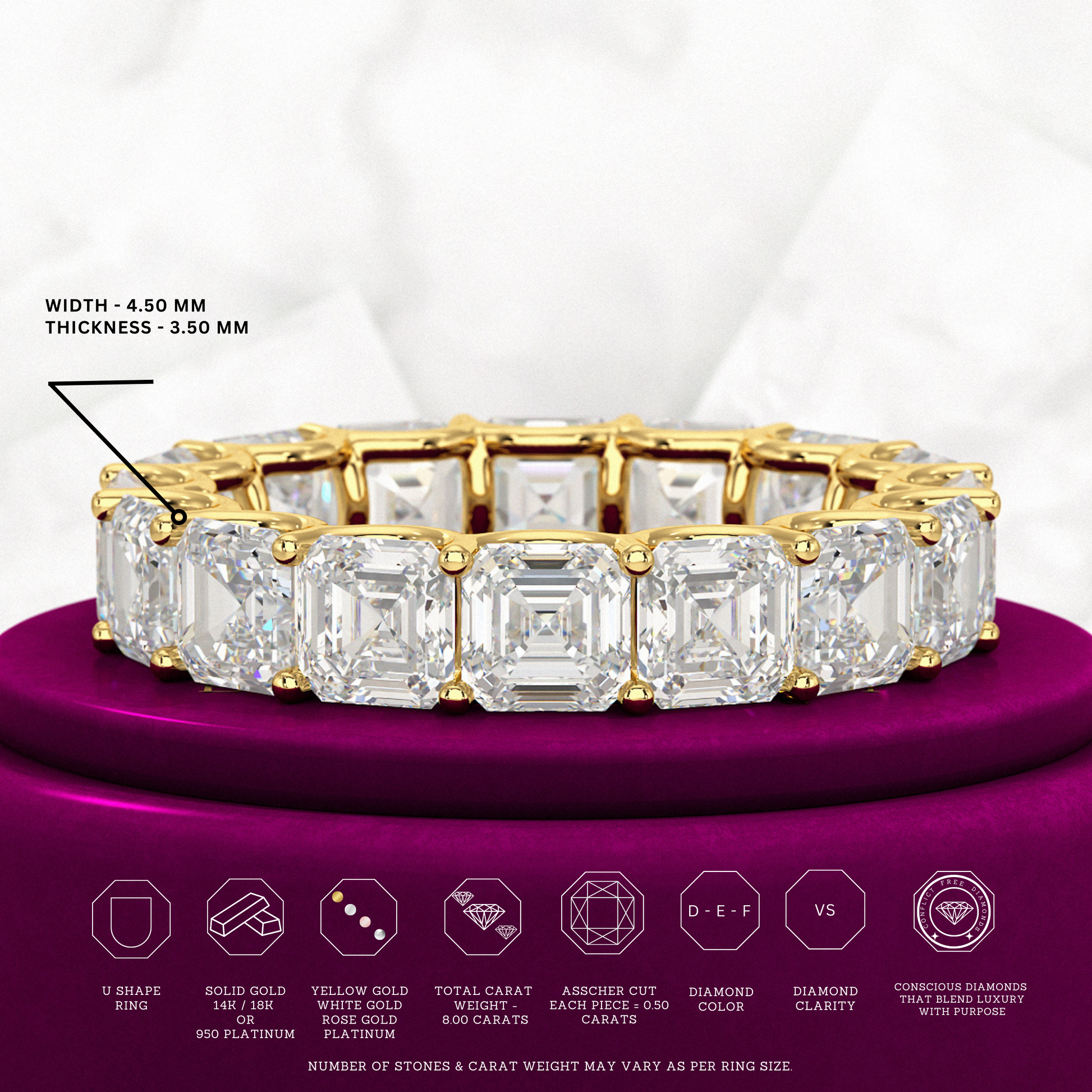 8 Carat Asscher Cut Diamond U Shape Wedding Band - Evara Jewelry LLC