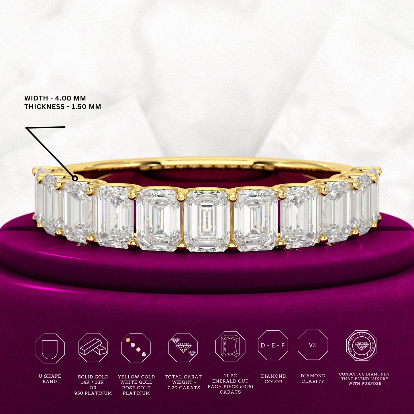 2 Carat Emerald Cut Diamond Narrowed Half Eternity Wedding Band - Evara Jewelry LLC