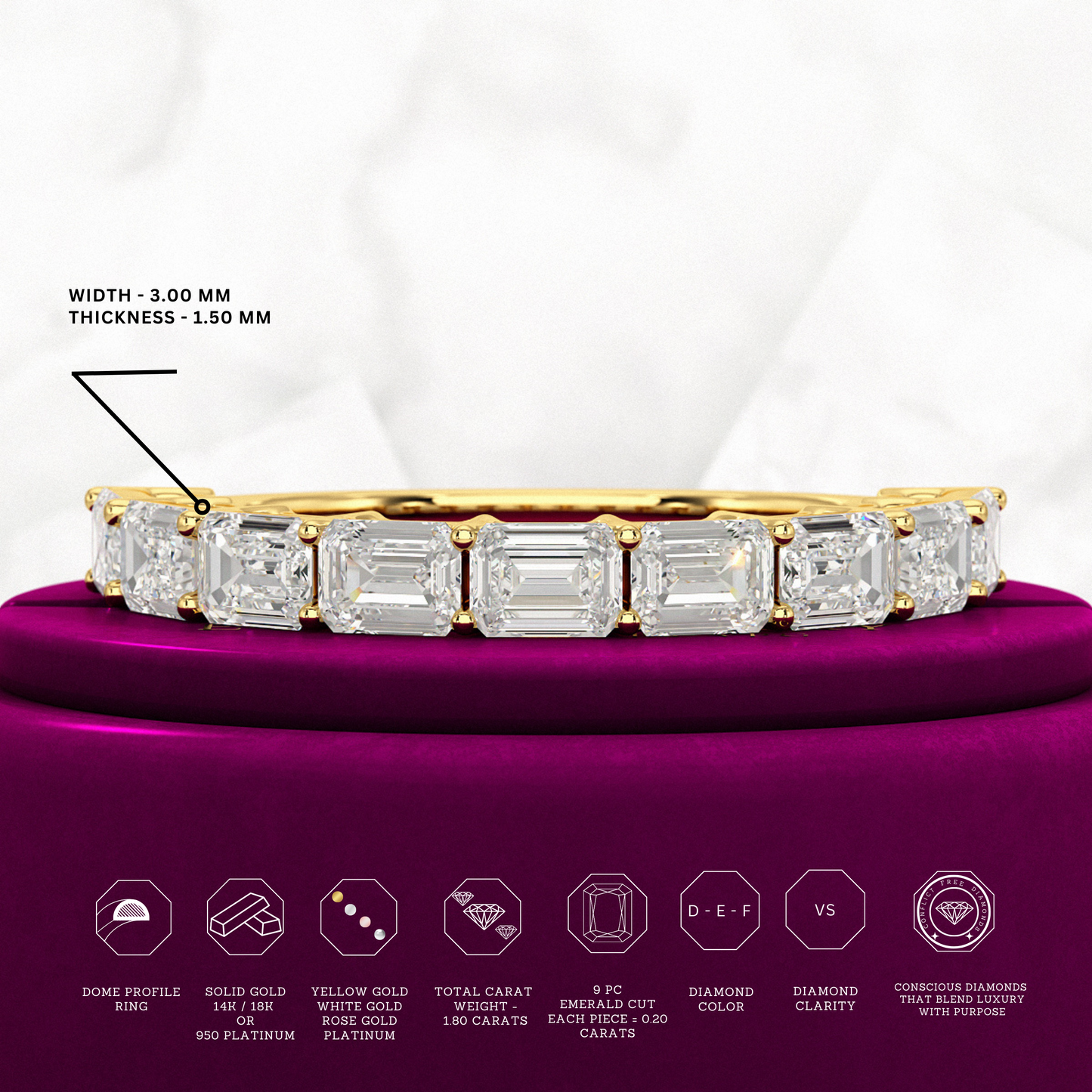 East West Luxury Emerald Cut Diamond Wedding Band - Evara Jewelry LLC