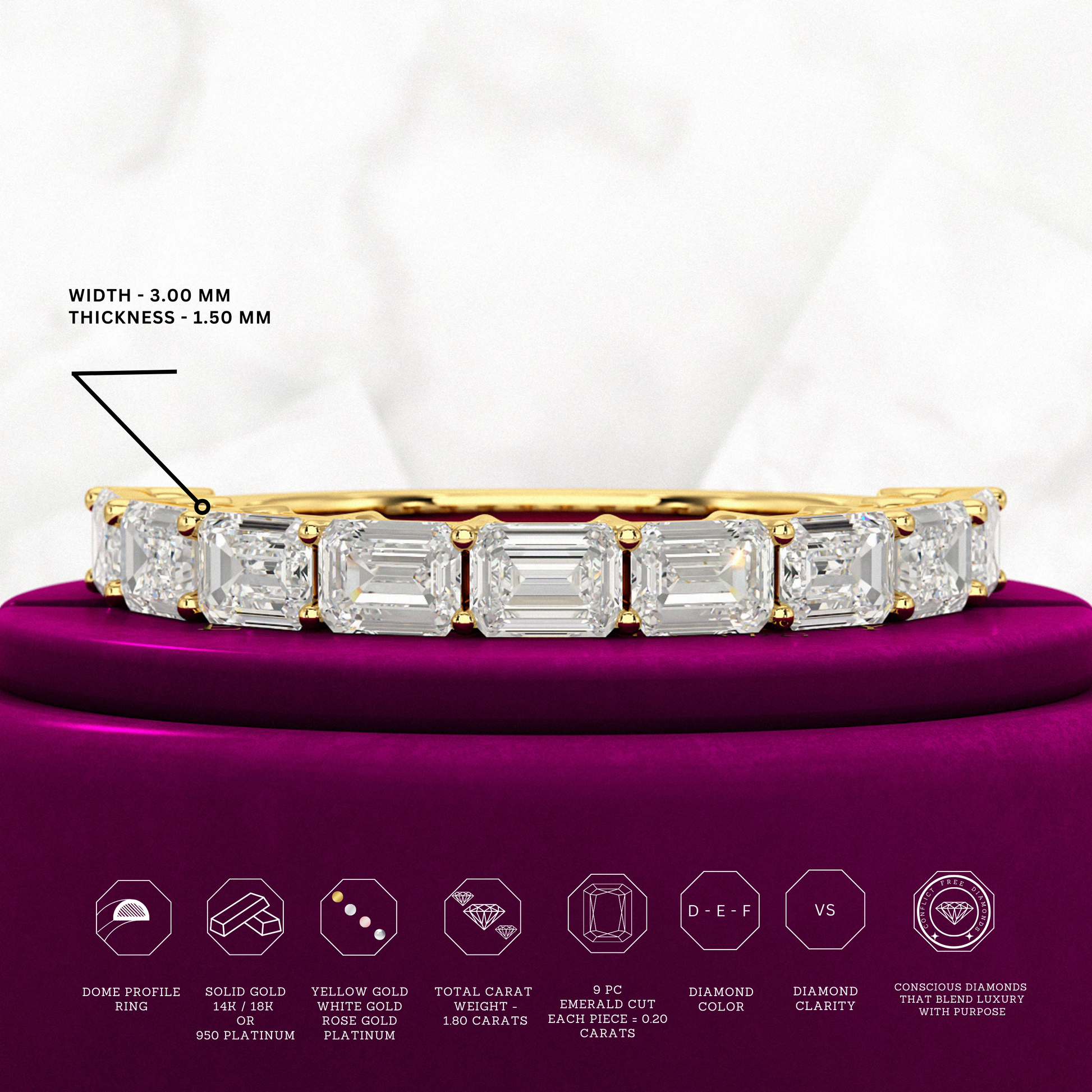 East West Luxury Emerald Cut Diamond Wedding Band - Evara Jewelry LLC