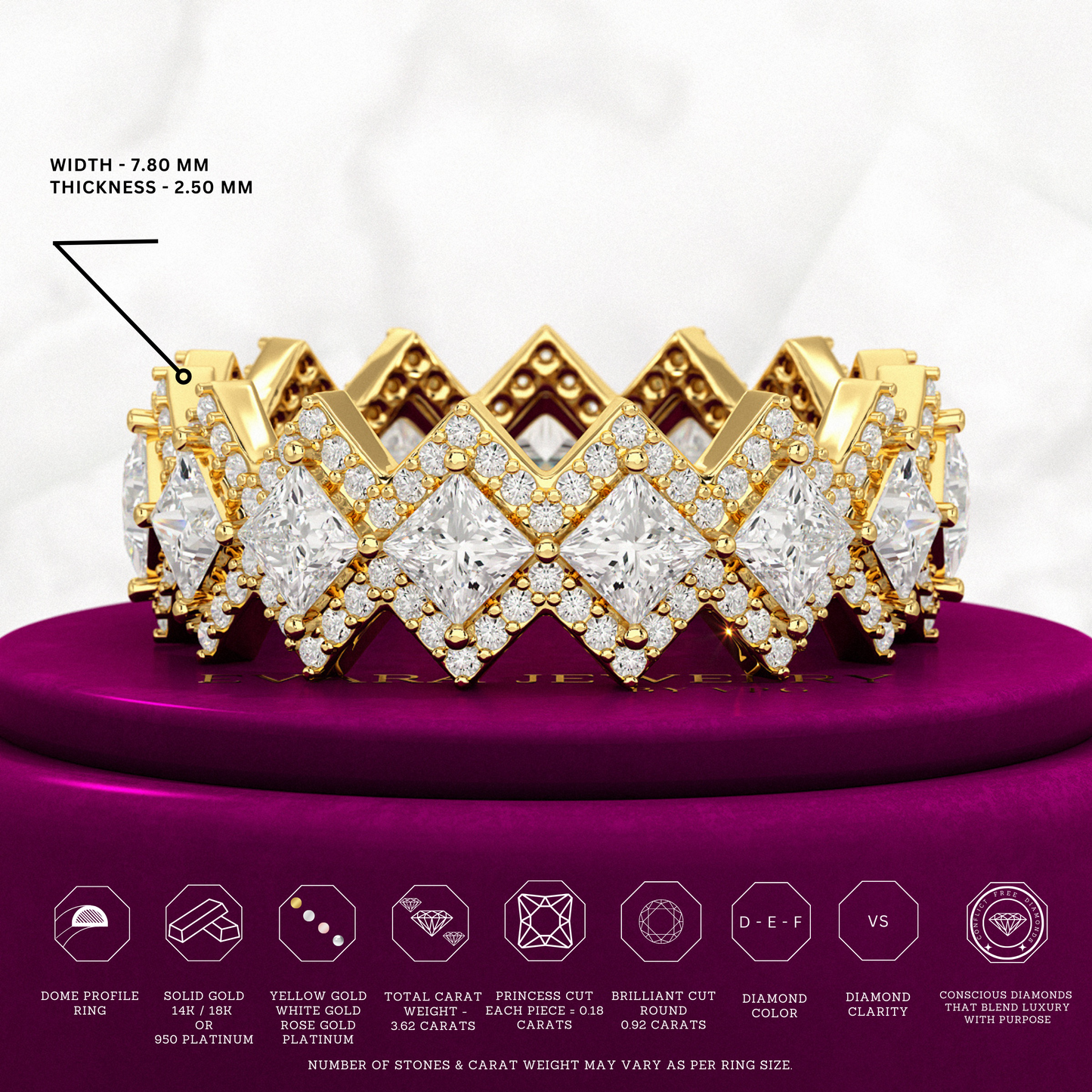 Princess Cut Luxury Diamond Wedding Band - Evara Jewelry LLC