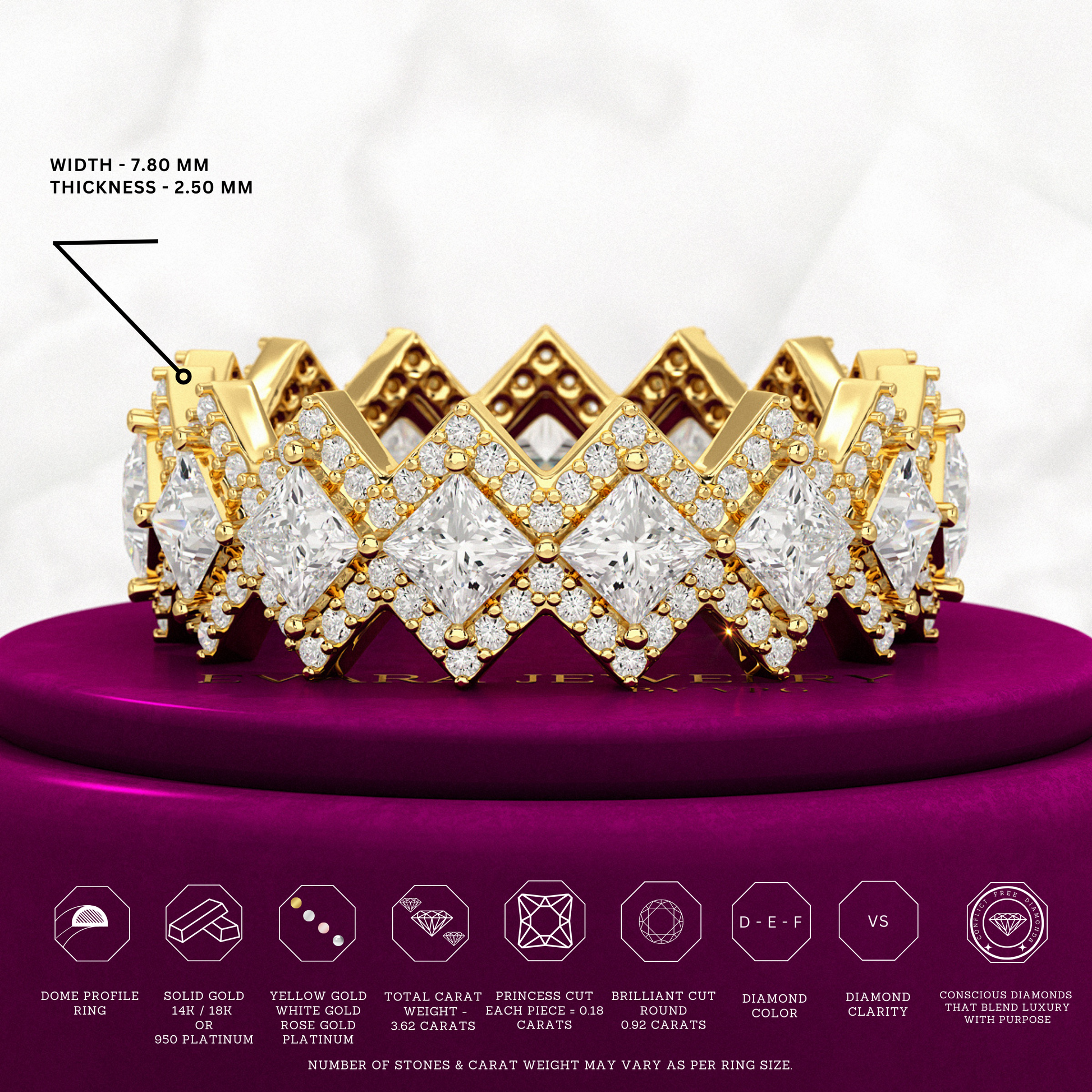 Princess Cut Luxury Diamond Wedding Band - Evara Jewelry LLC