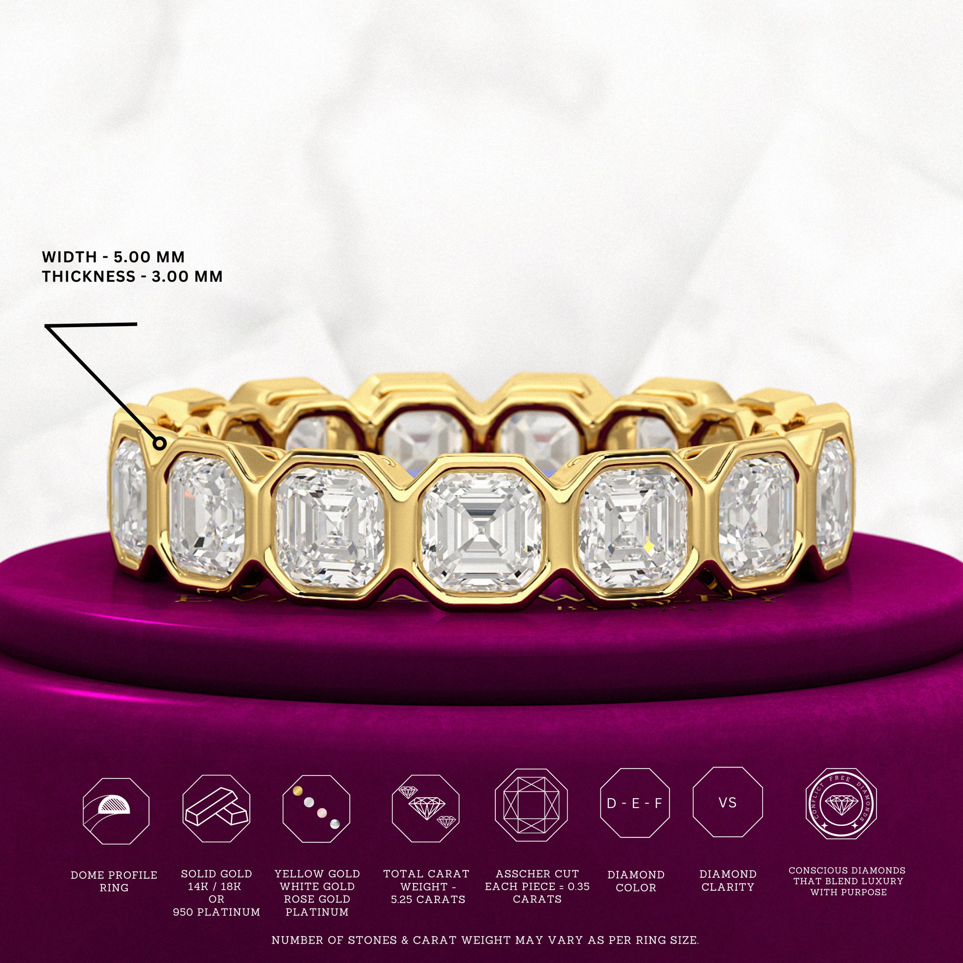 5.25 Carats Bezel Set Asscher Cut Modern Deco Diamond Eternity Band - Evara Jewelry LLC