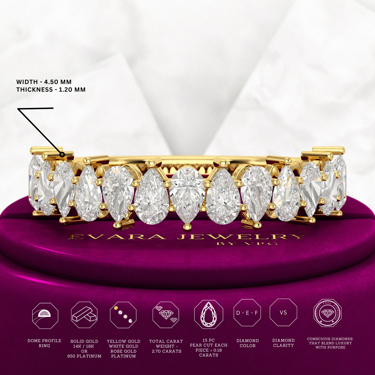 North South Pear Cut Diamond Art Deco Half Eternity Stacking Band - Evara Jewelry LLC