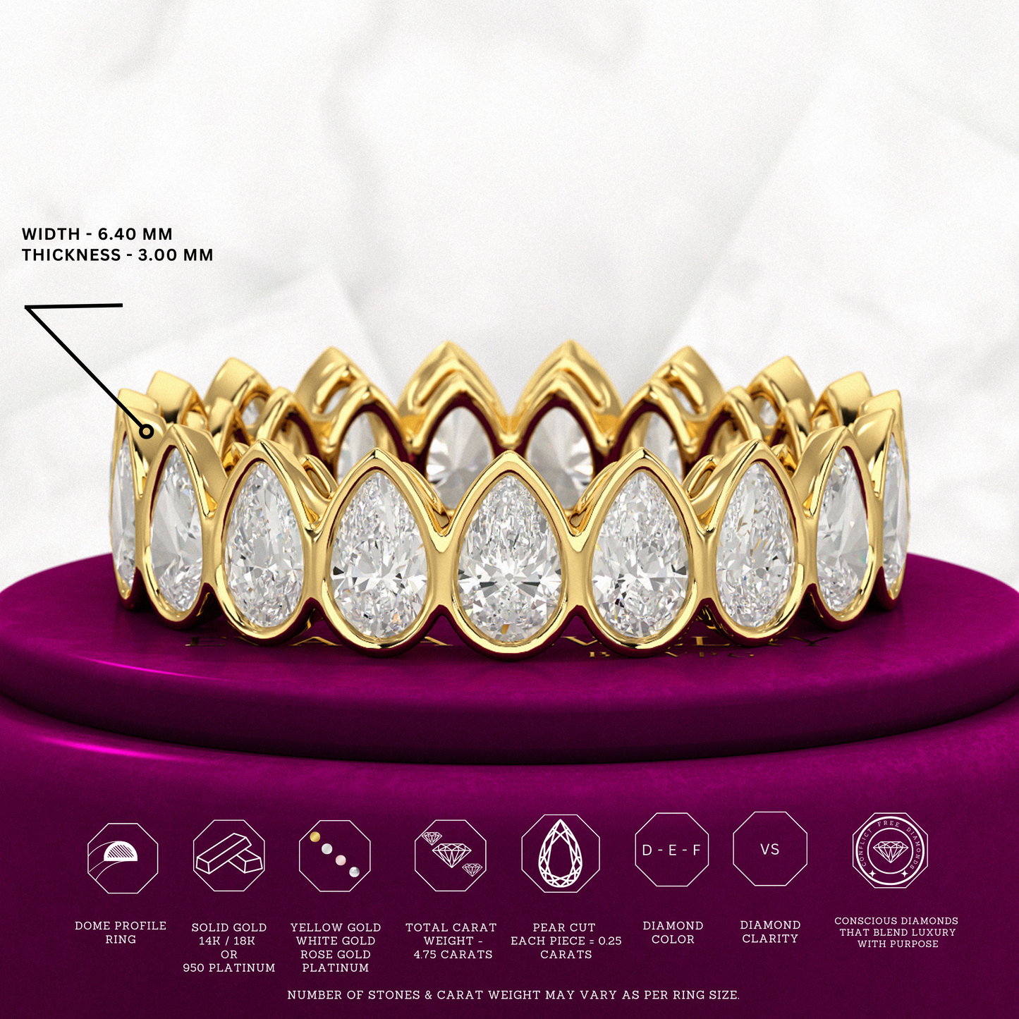 Bezel Set 5 Carat Pear Cut Diamond Eternity Wedding Band - Evara Jewelry LLC
