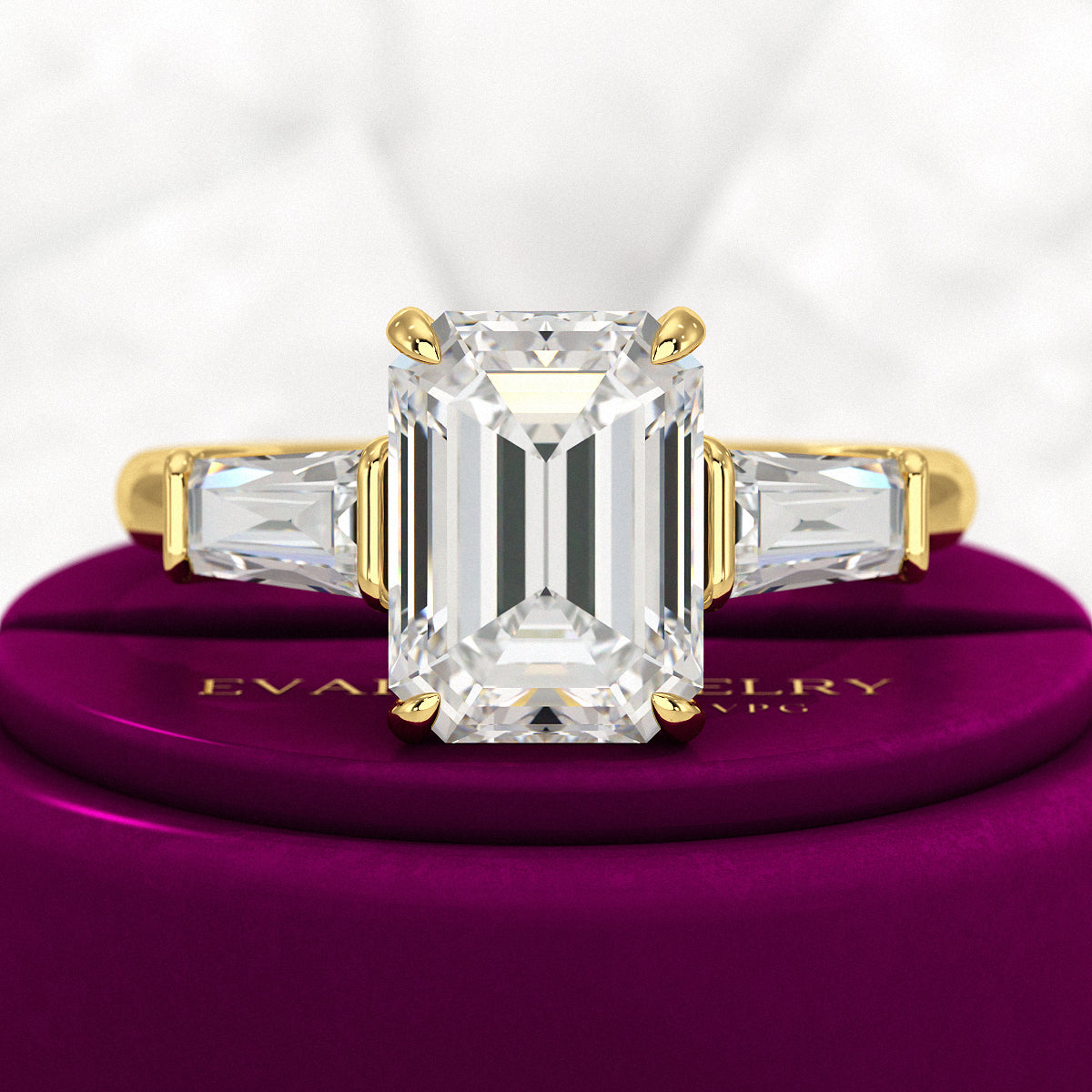 3 Carat Emerald Cut Lab Grown Diamond 3 Stone Ring - Evara Jewelry LLC