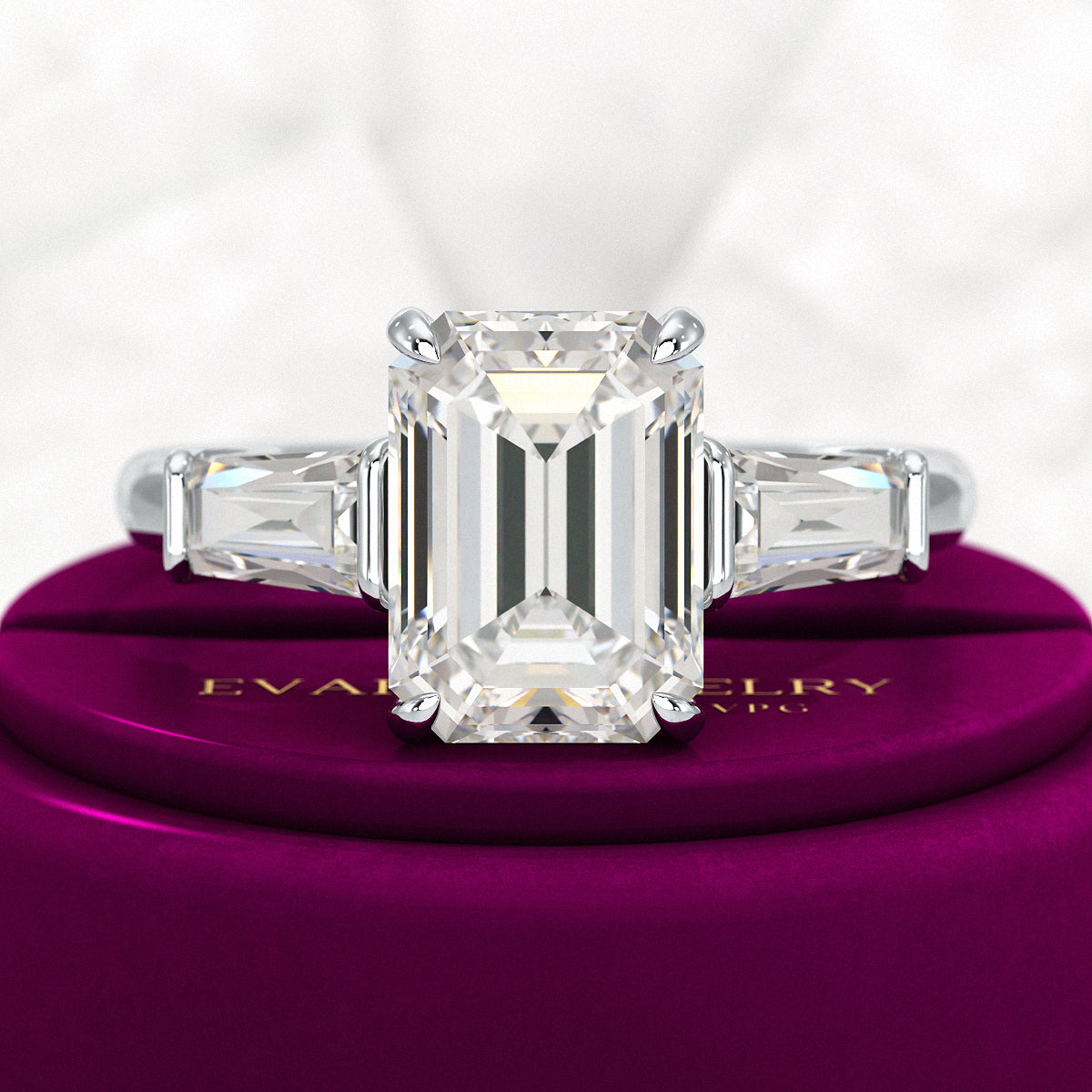 3 Carat Emerald Cut Lab Grown Diamond 3 Stone Ring - Evara Jewelry LLC