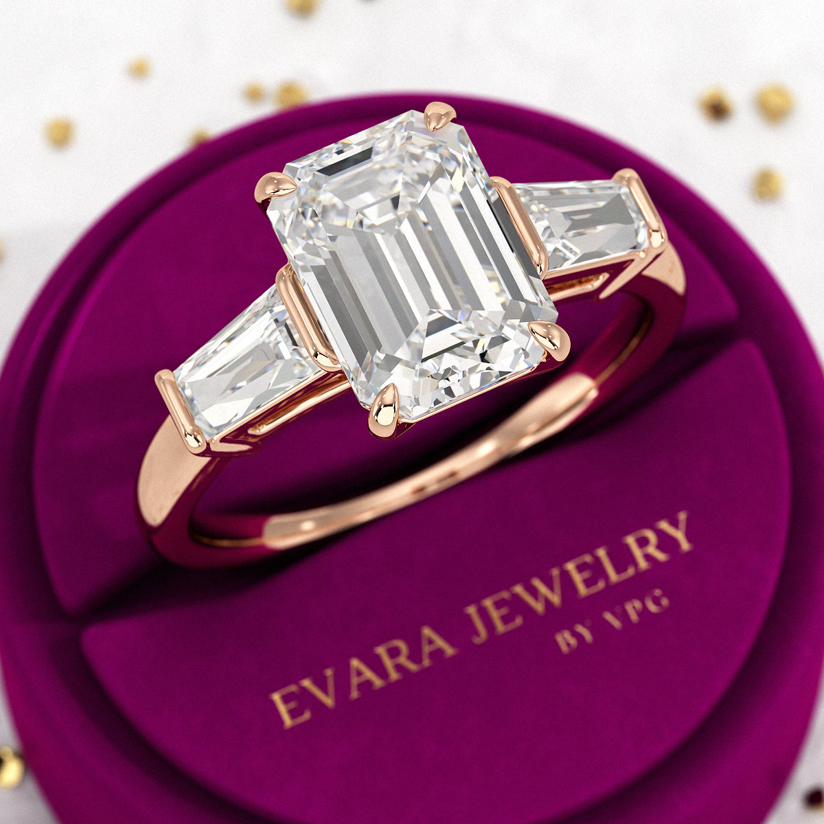 3 Carat Emerald Cut Lab Grown Diamond 3 Stone Ring - Evara Jewelry LLC