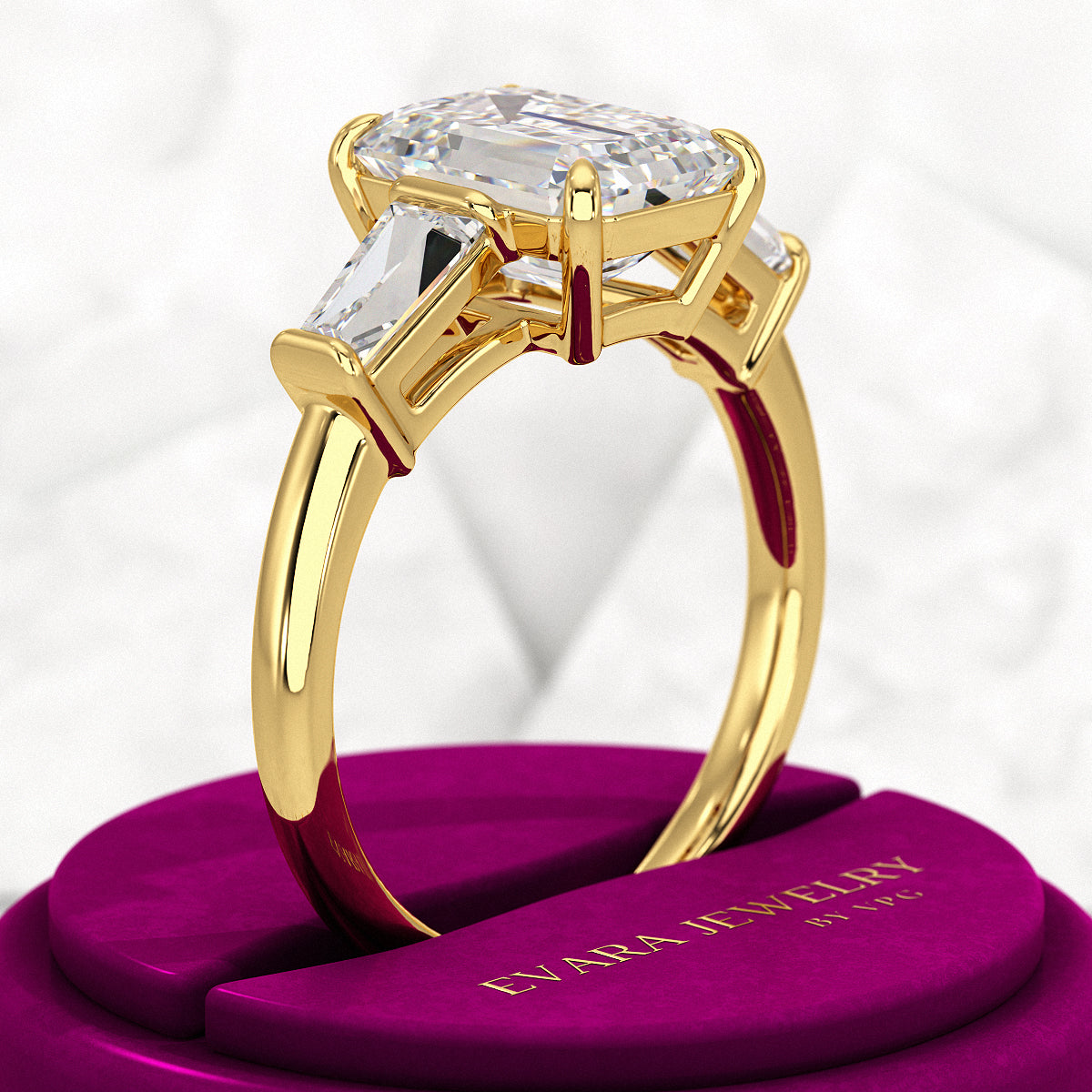 3 Carat Emerald Cut Lab Grown Diamond 3 Stone Ring - Evara Jewelry LLC