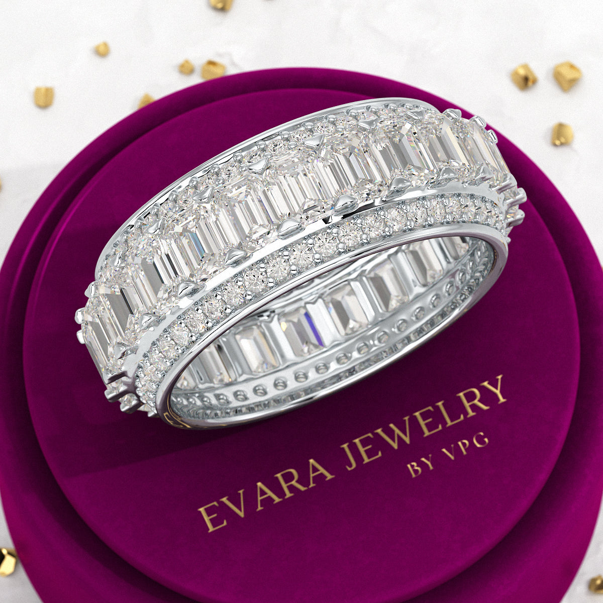 5 Carat Emerald & Round Cut Lab Grown Diamond Minimalist Wedding Eternity Band - Evara Jewelry LLC