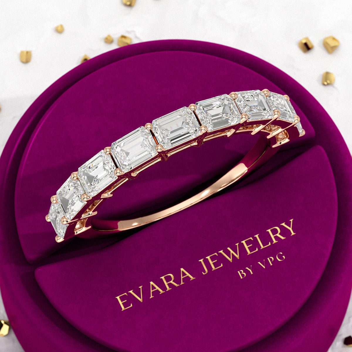 East West Luxury Emerald Cut Diamond Wedding Band - Evara Jewelry LLC