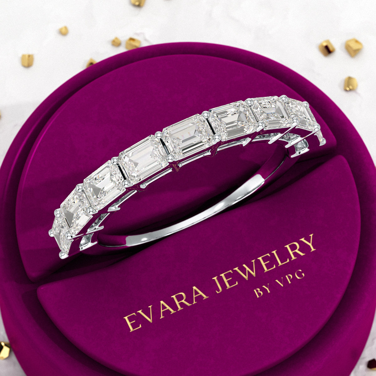 East West Luxury Emerald Cut Diamond Wedding Band - Evara Jewelry LLC