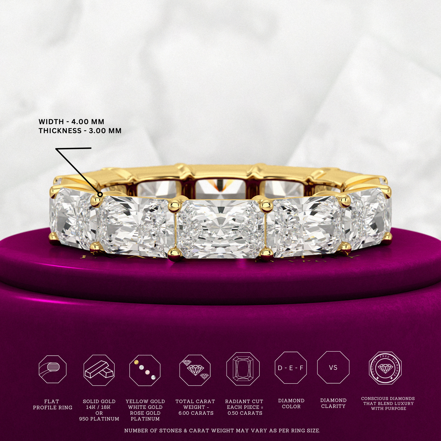 6 Carat East West Radiant Cut Diamond Stacking Wedding Band - Evara Jewelry LLC