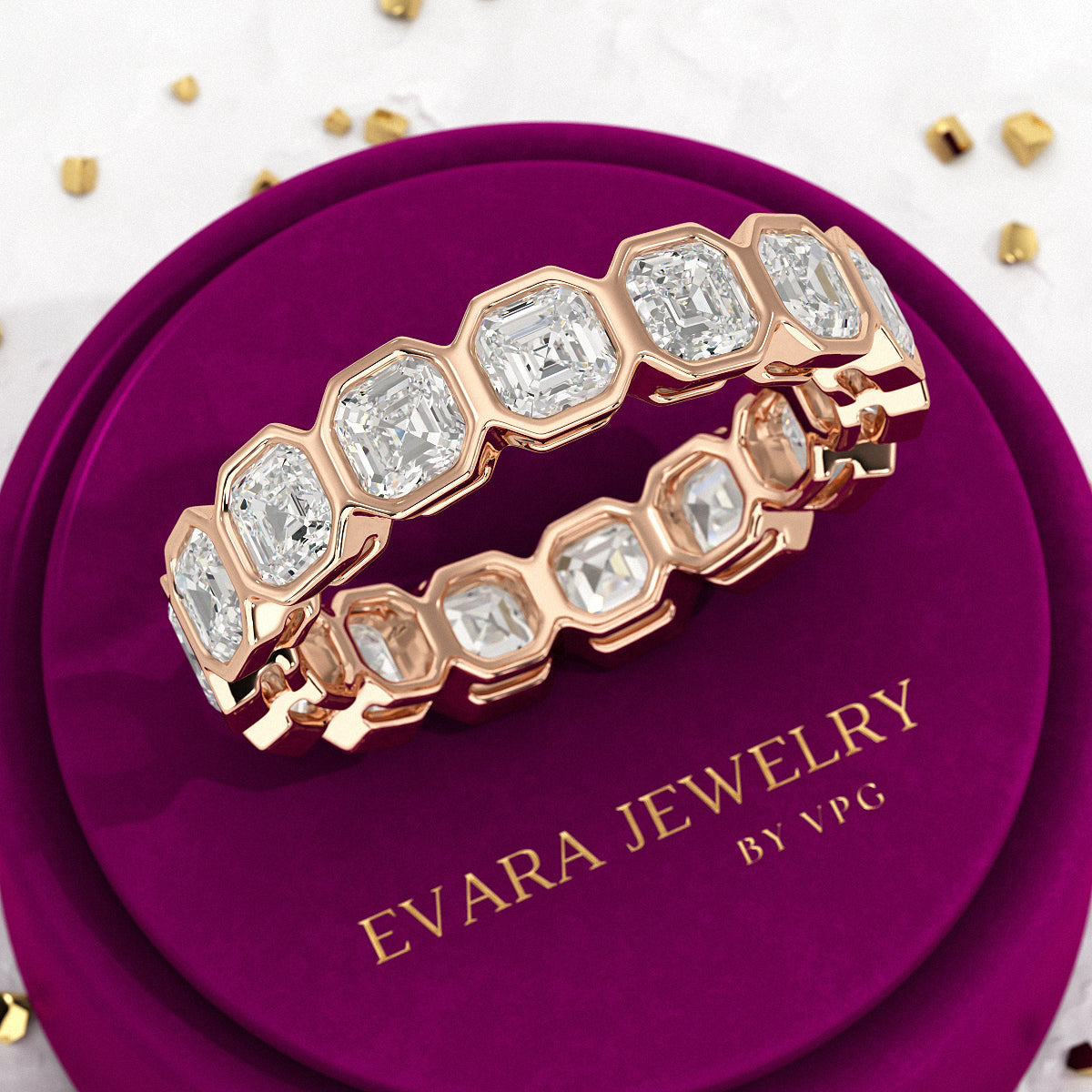 5.25 Carats Bezel Set Asscher Cut Modern Deco Diamond Eternity Band - Evara Jewelry LLC