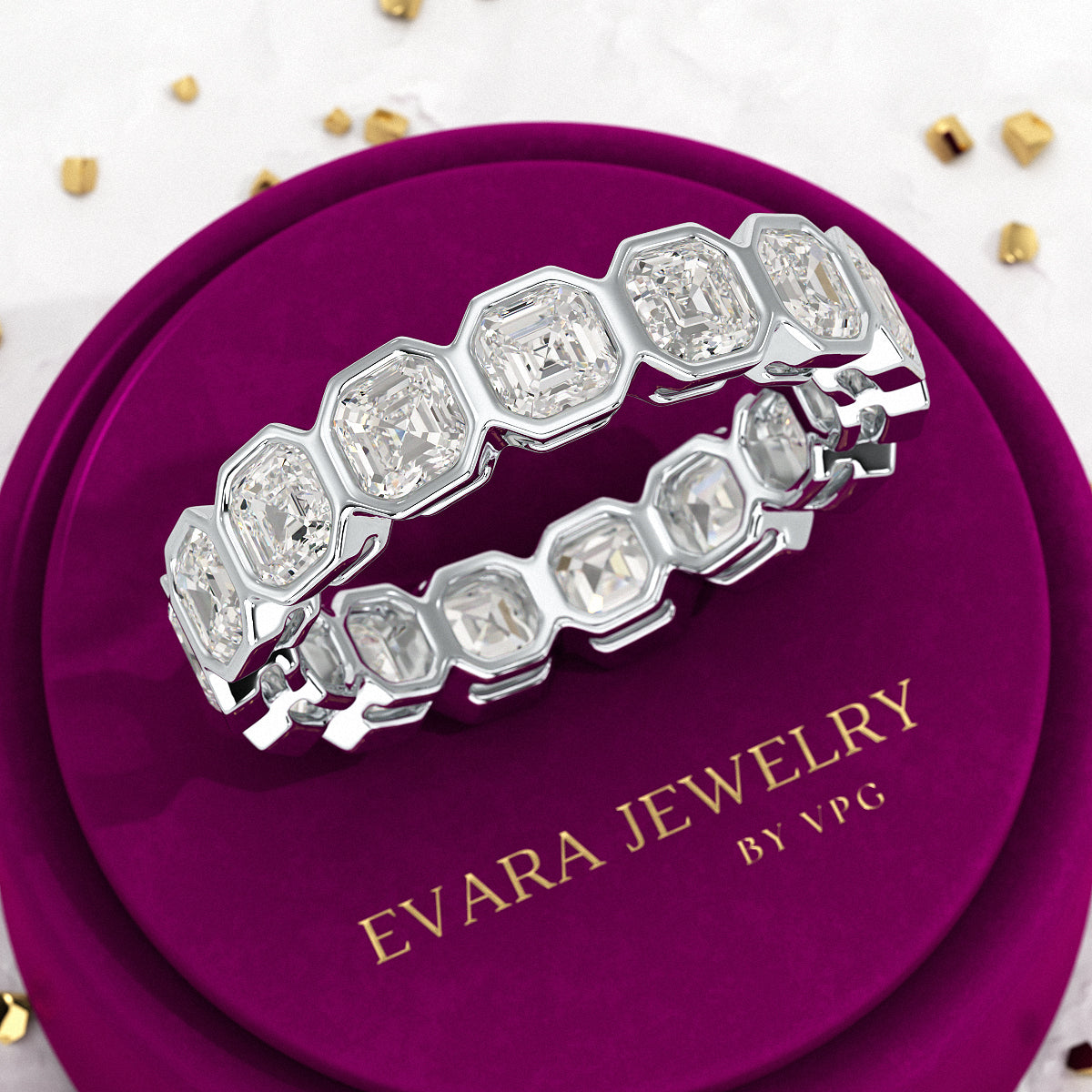 5.25 Carats Bezel Set Asscher Cut Modern Deco Diamond Eternity Band - Evara Jewelry LLC