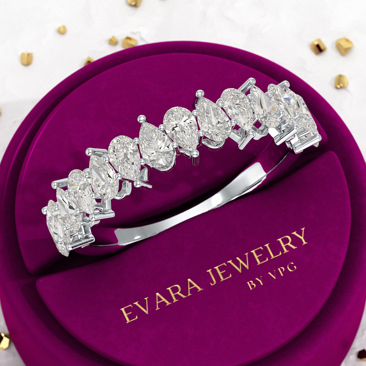 North South Pear Cut Diamond Art Deco Half Eternity Stacking Band - Evara Jewelry LLC